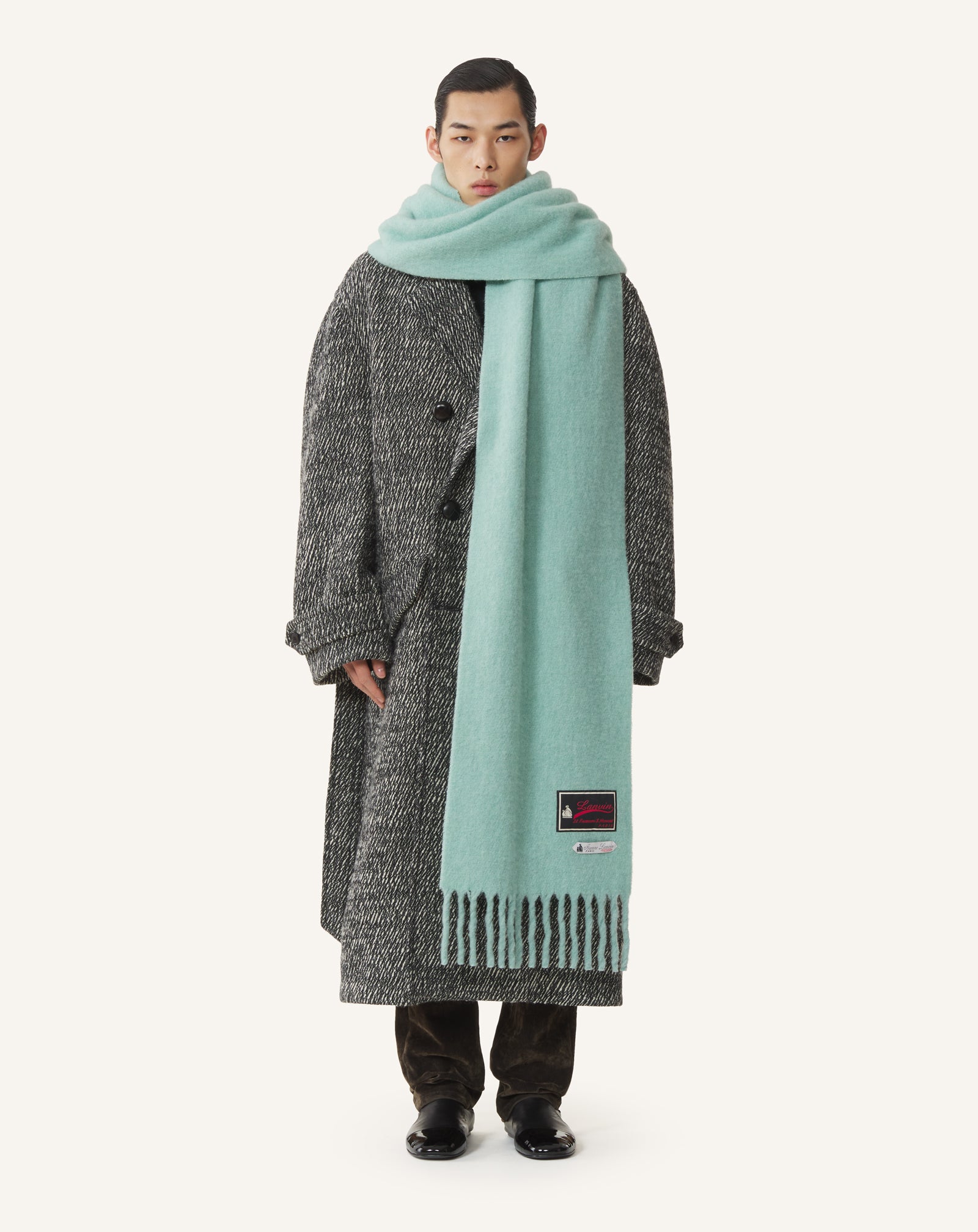 FRINGED WOOL SCARF WITH 22 FAUBOURG LABEL