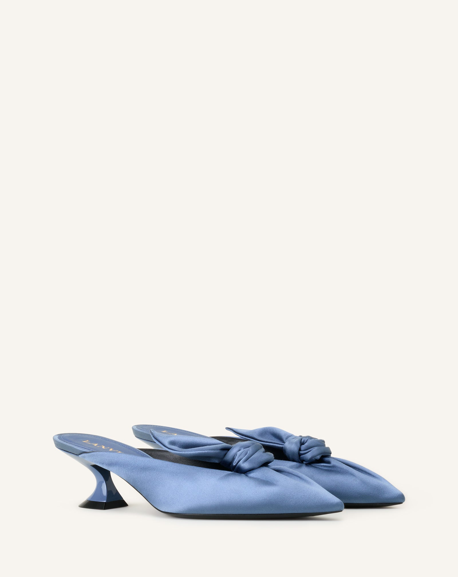 BLUE MIDNIGHT STEP HEELED MULES WITH A SATIN BOW