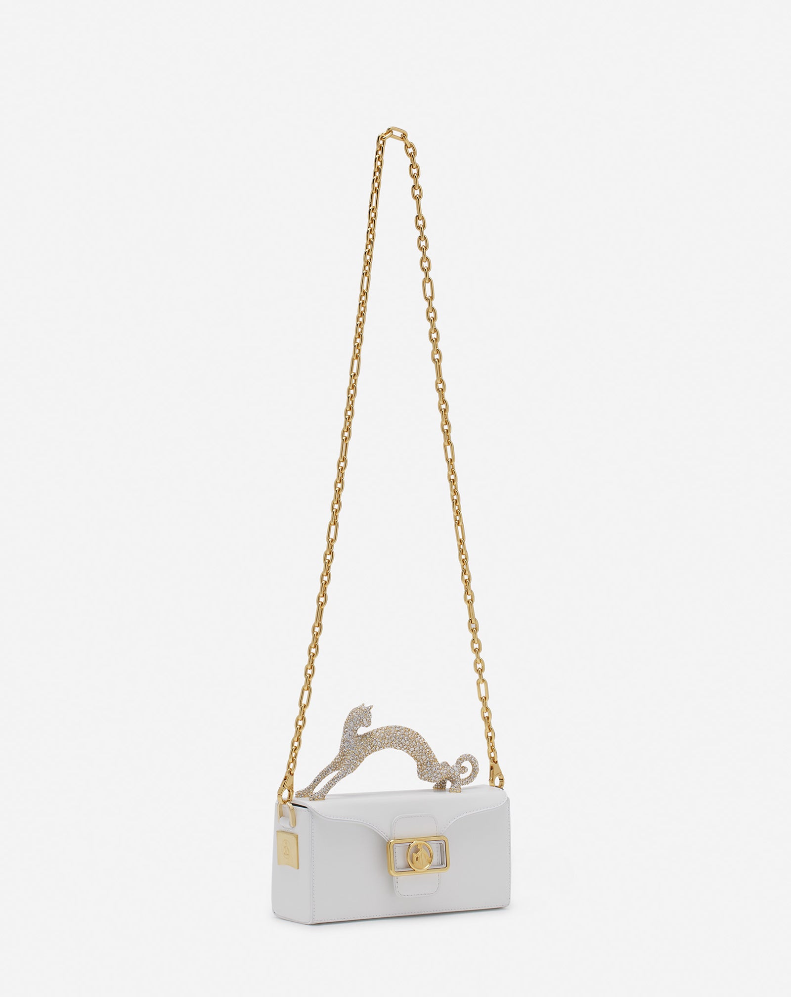 WHITE PENCIL CAT BAG IN LEATHER AND RHINESTONES