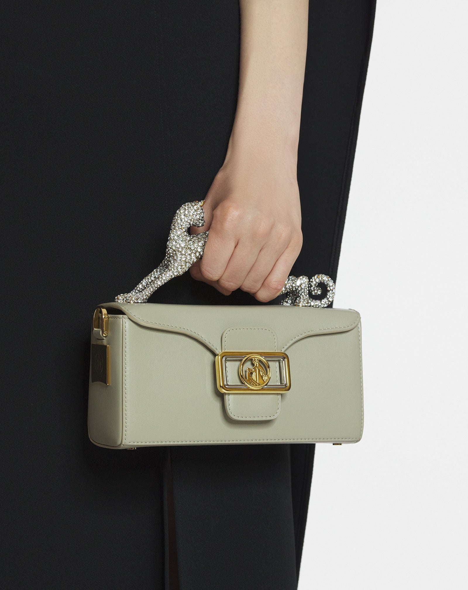 WHITE NANO PENCIL CAT BAG IN LEATHER AND RHINESTONES