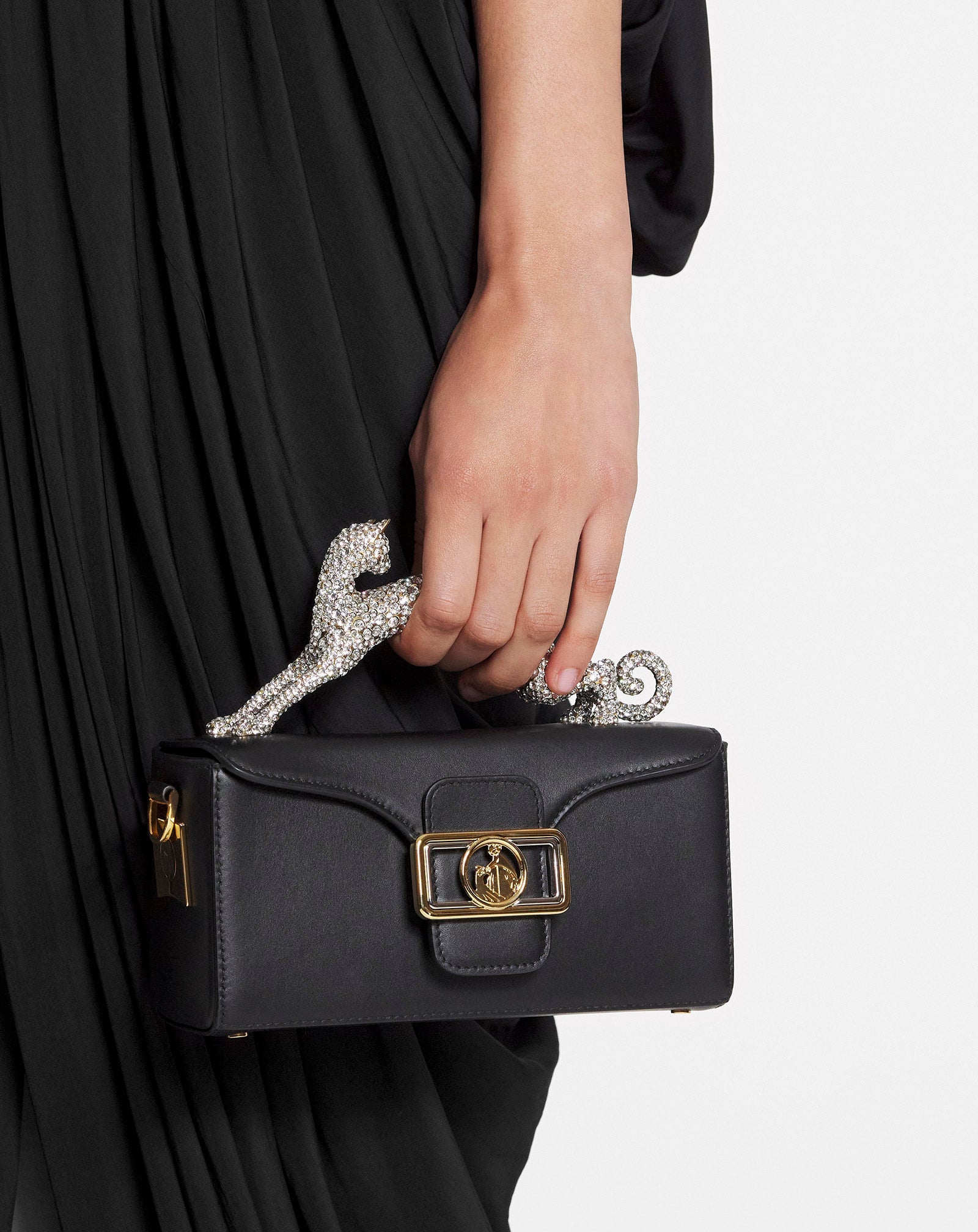 BLACK NANO PENCIL CAT BAG IN LEATHER AND RHINESTONE