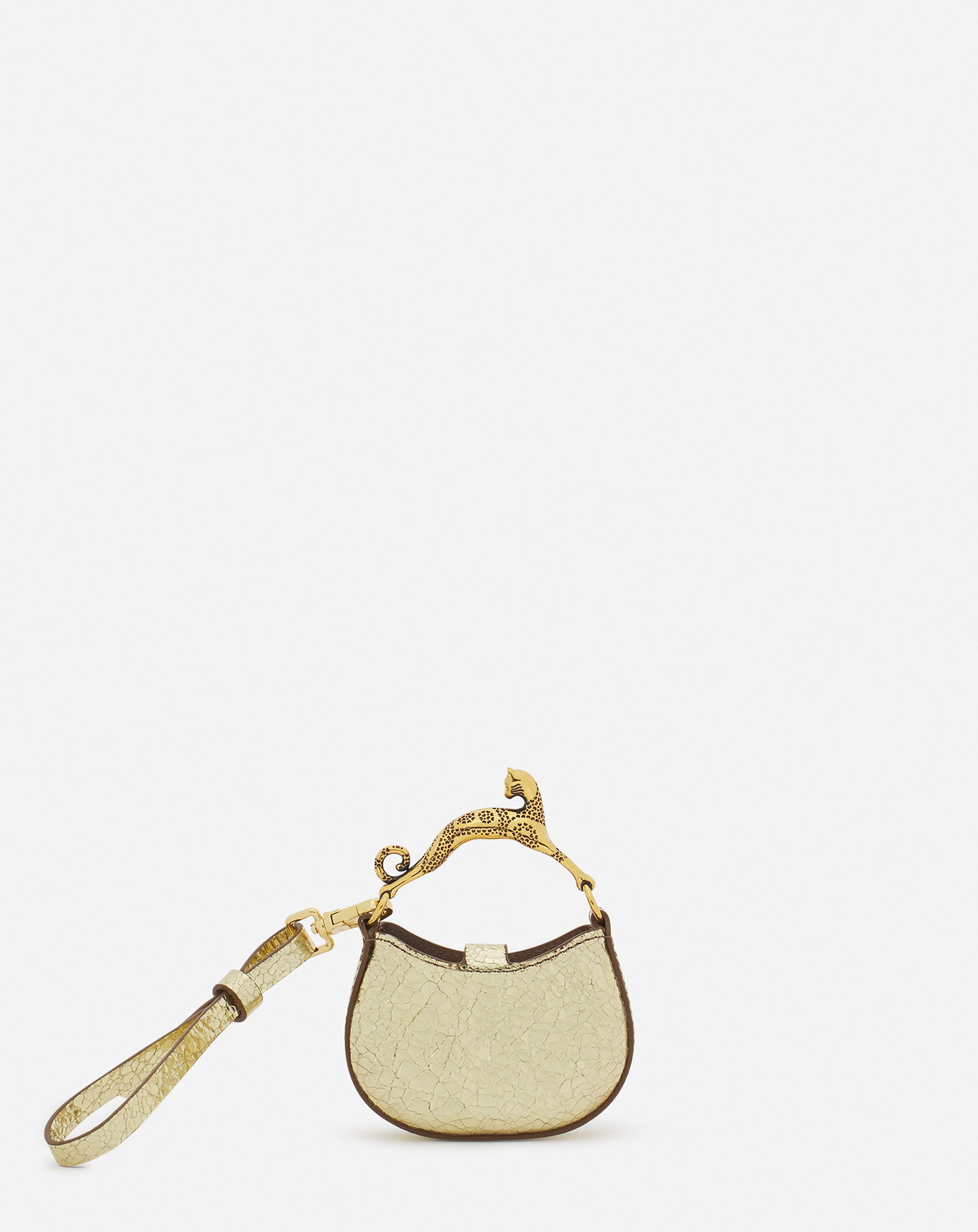 MICRO HOBO CAT CHARM BAG IN CRACKLED METALLIC LEATHER