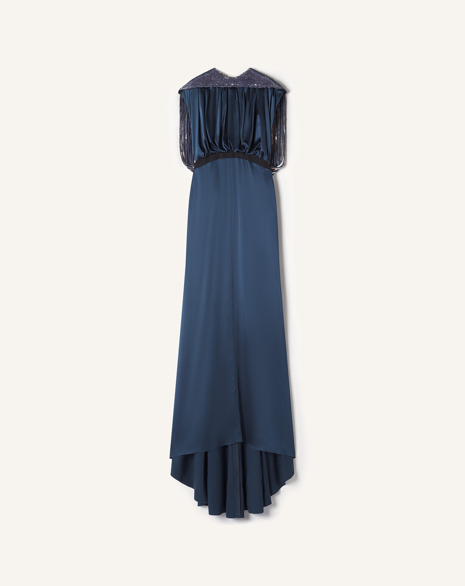 BLUE EMBROIDERED BACK DRESS IN SILK SATIN