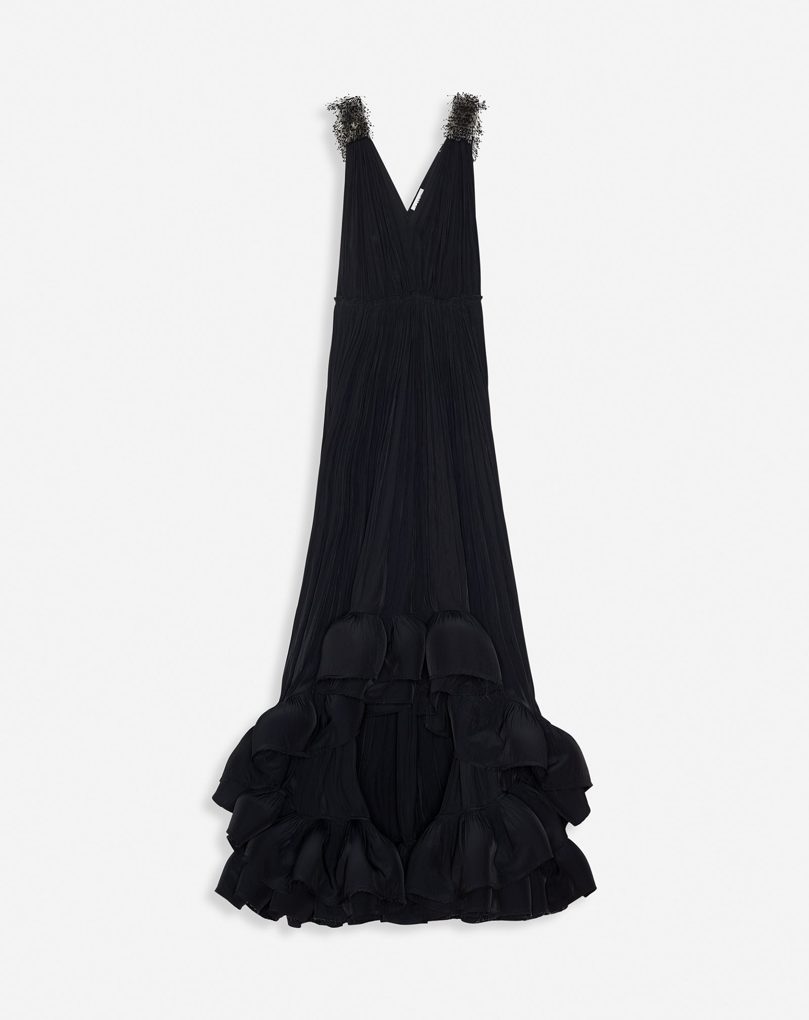 BLACK LONG EMBROIDERED CHARMEUSE EVENING GOWN