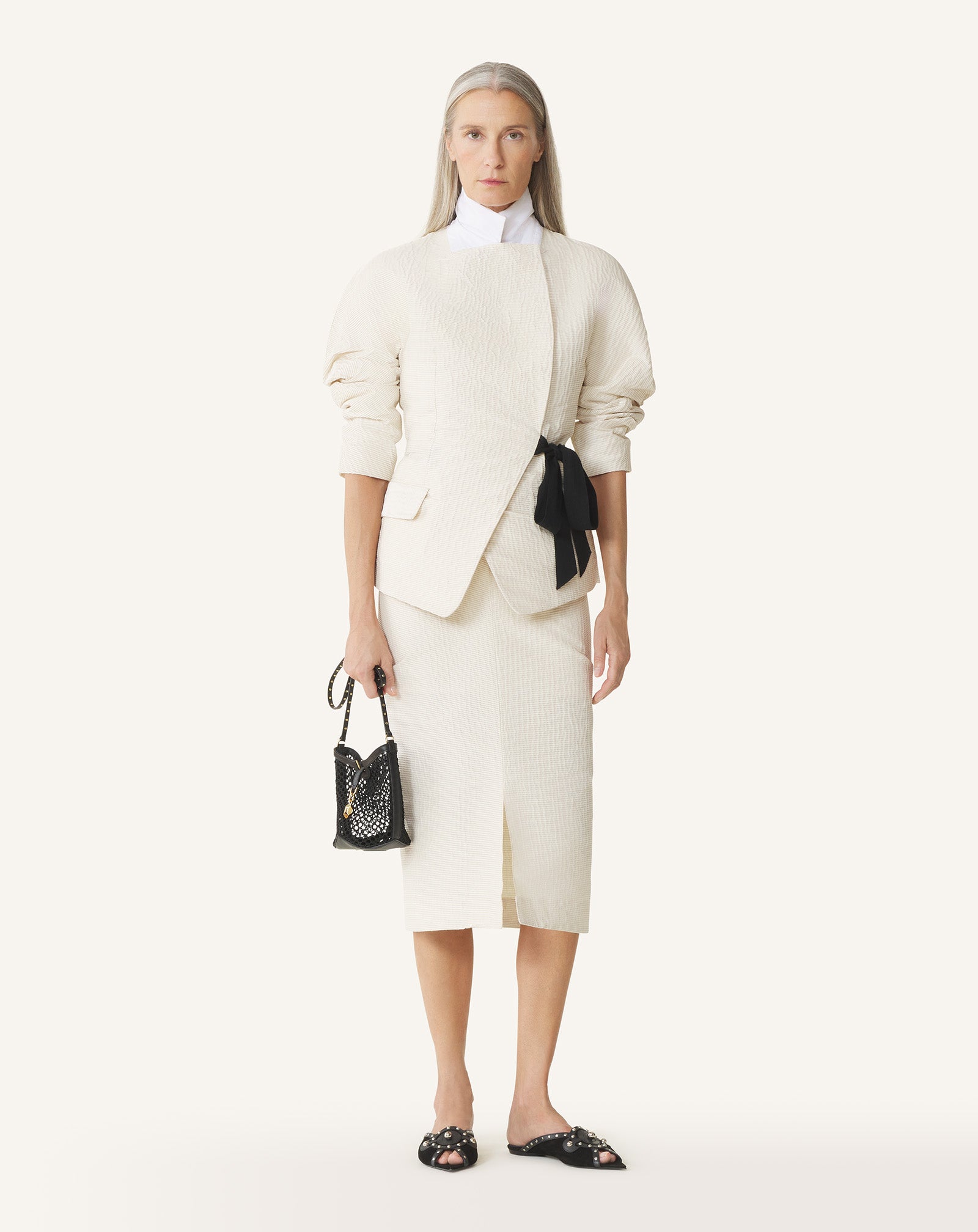 WHITE BELTED JACQUARD JACKET