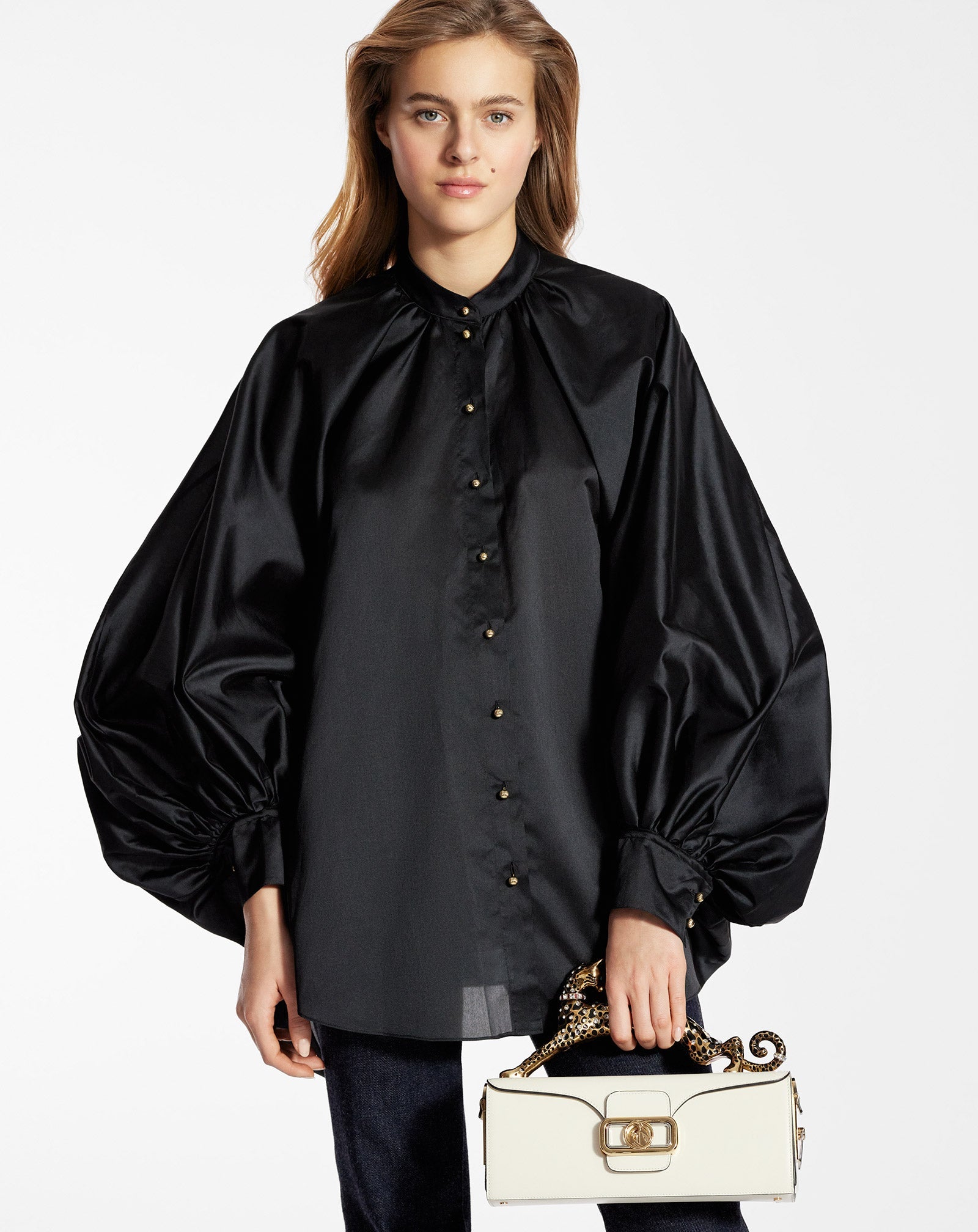 WHITE PENCIL CAT BAG IN SHINY CALFSKIN LEATHER AND RHINESTONES