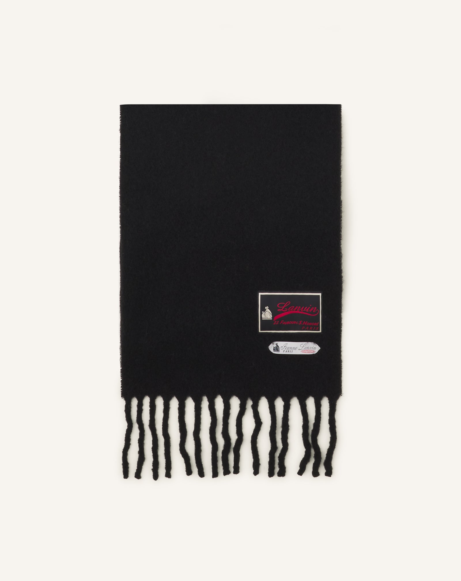BLACK FRINGED WOOL SCARF WITH 22 FAUBOURG LABEL
