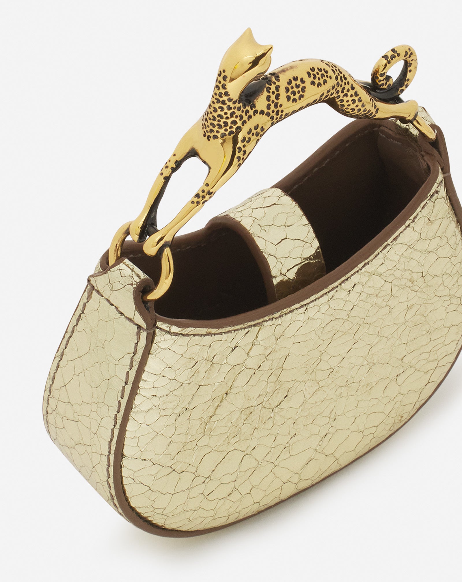MICRO HOBO CAT CHARM BAG IN CRACKLED METALLIC LEATHER