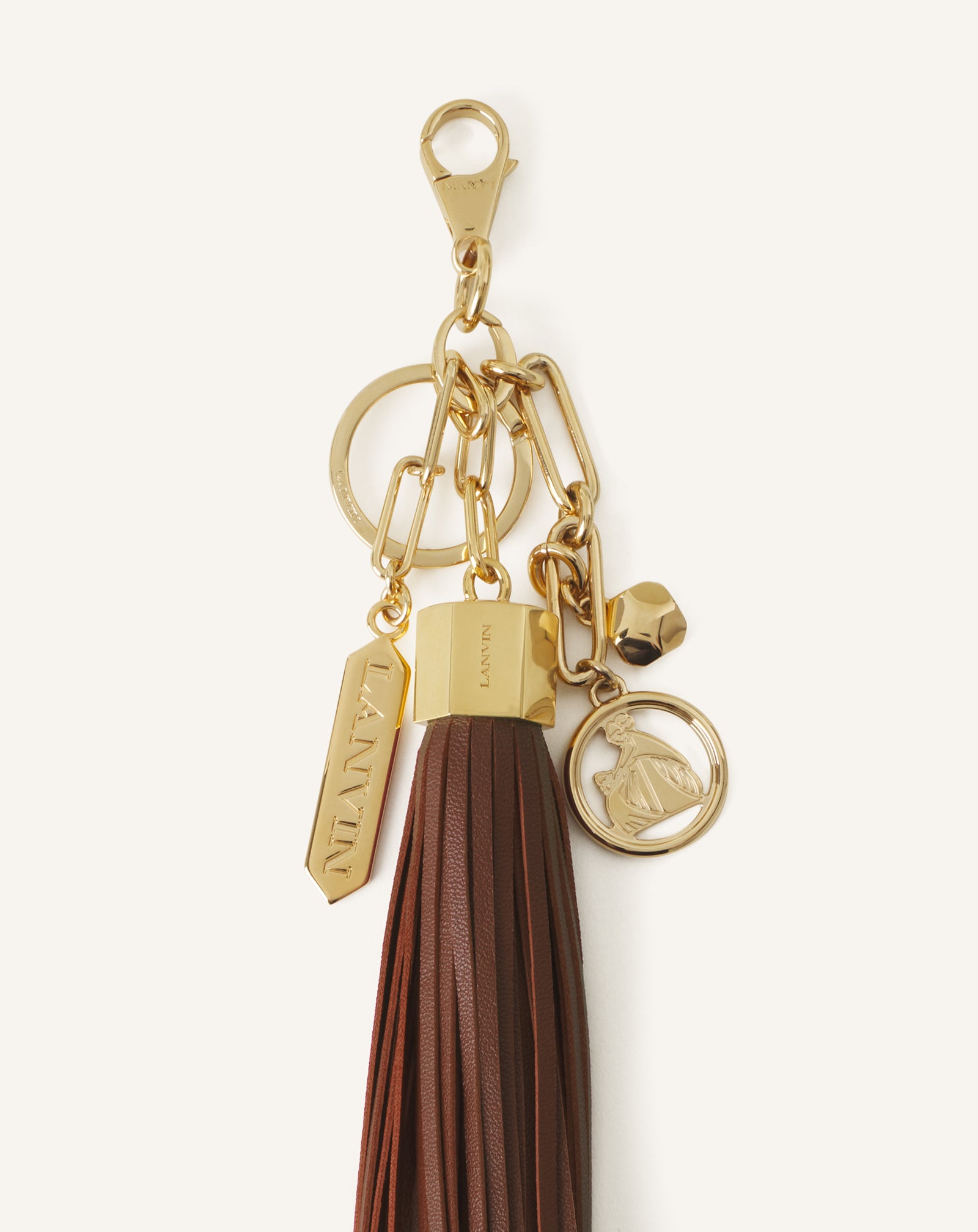 BROWN LARGE LEATHER POMPOM BAG CHARM