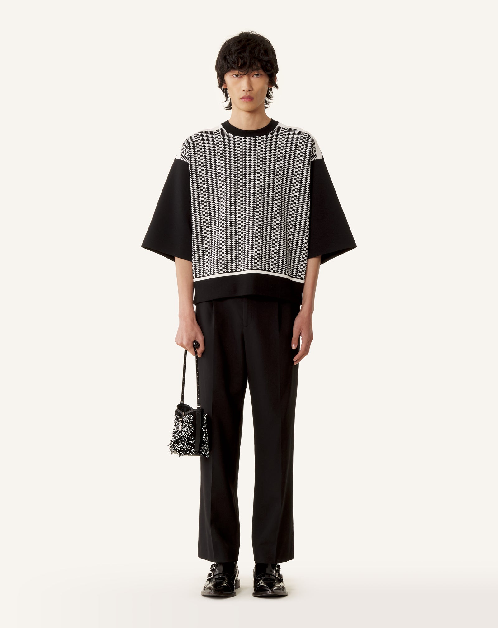 GREY LOOSE-FIT T-SHIRT IN SILK AND COTTON JACQUARD