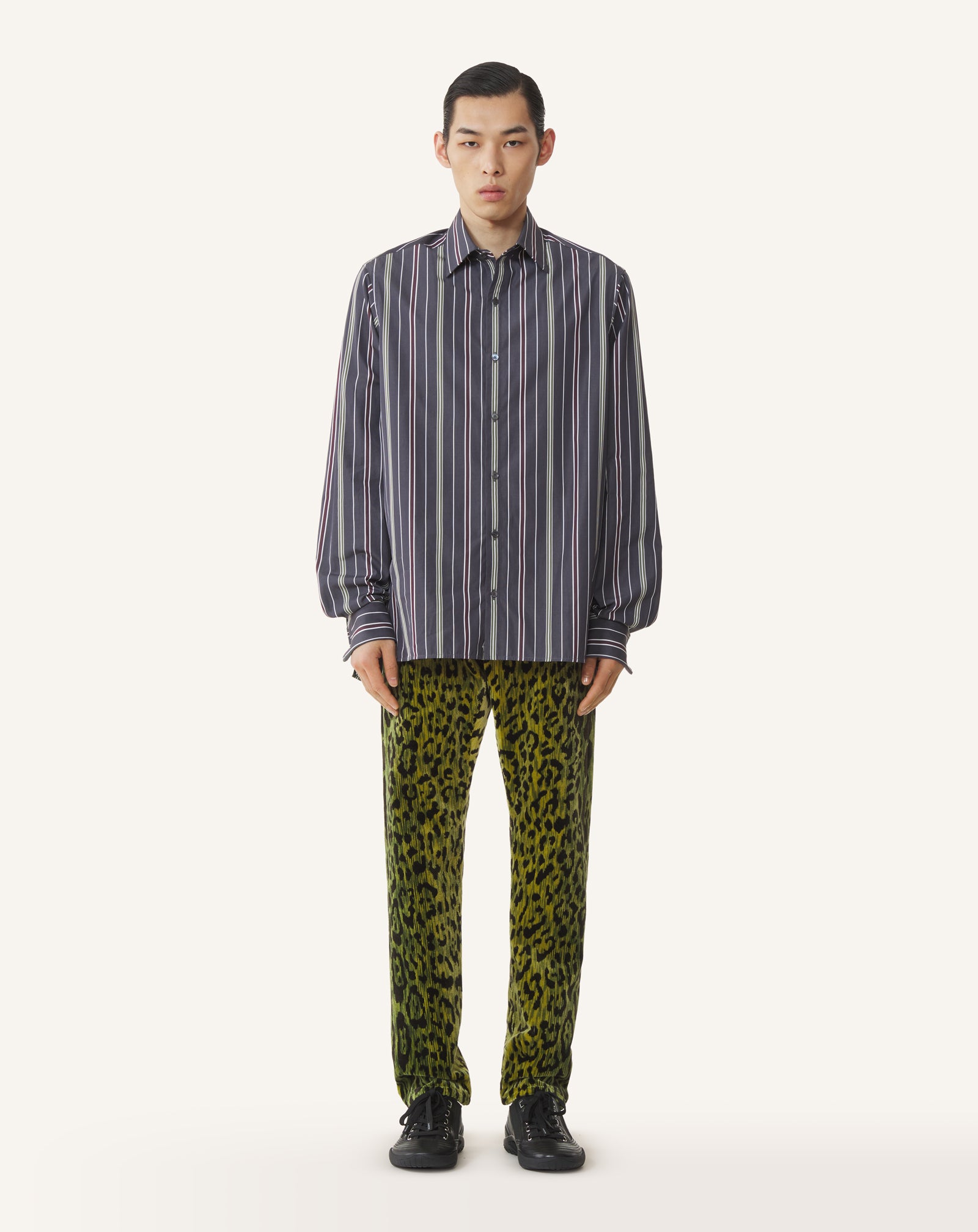 GREEN STRAIGHT-CUT STRIPED SHIRT IN COTTON POPLIN