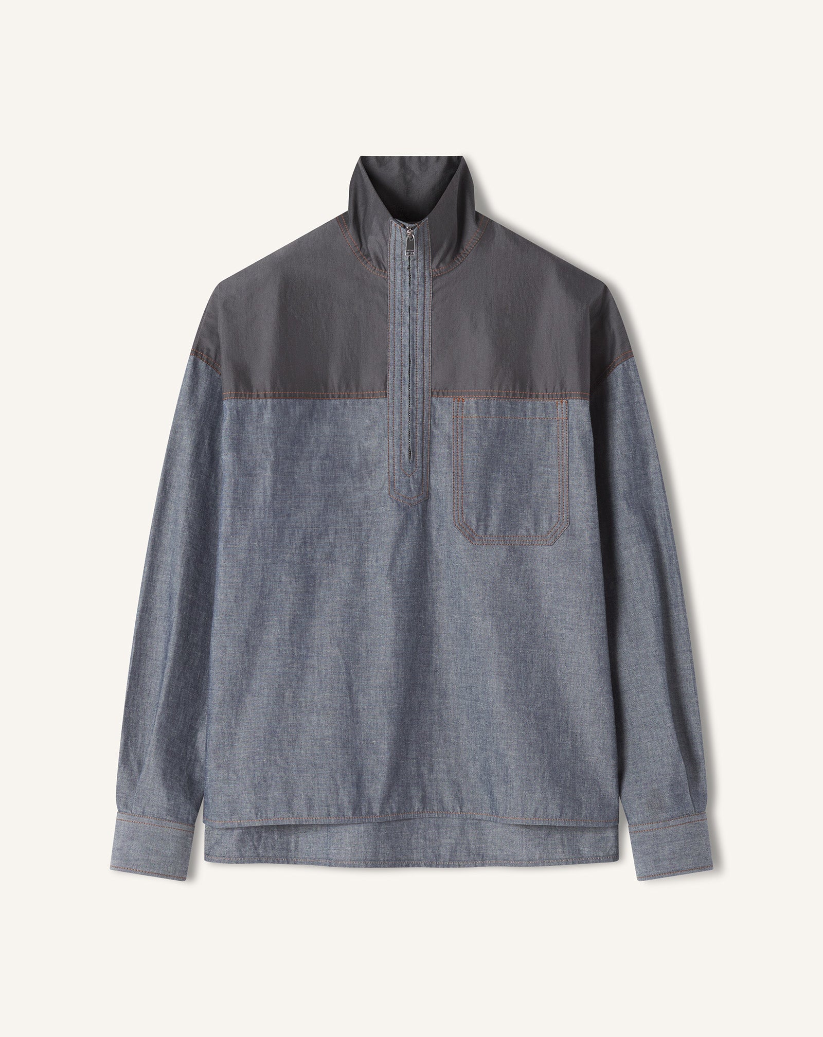 HIGH ZIP-NECK CHAMBRAY TOP