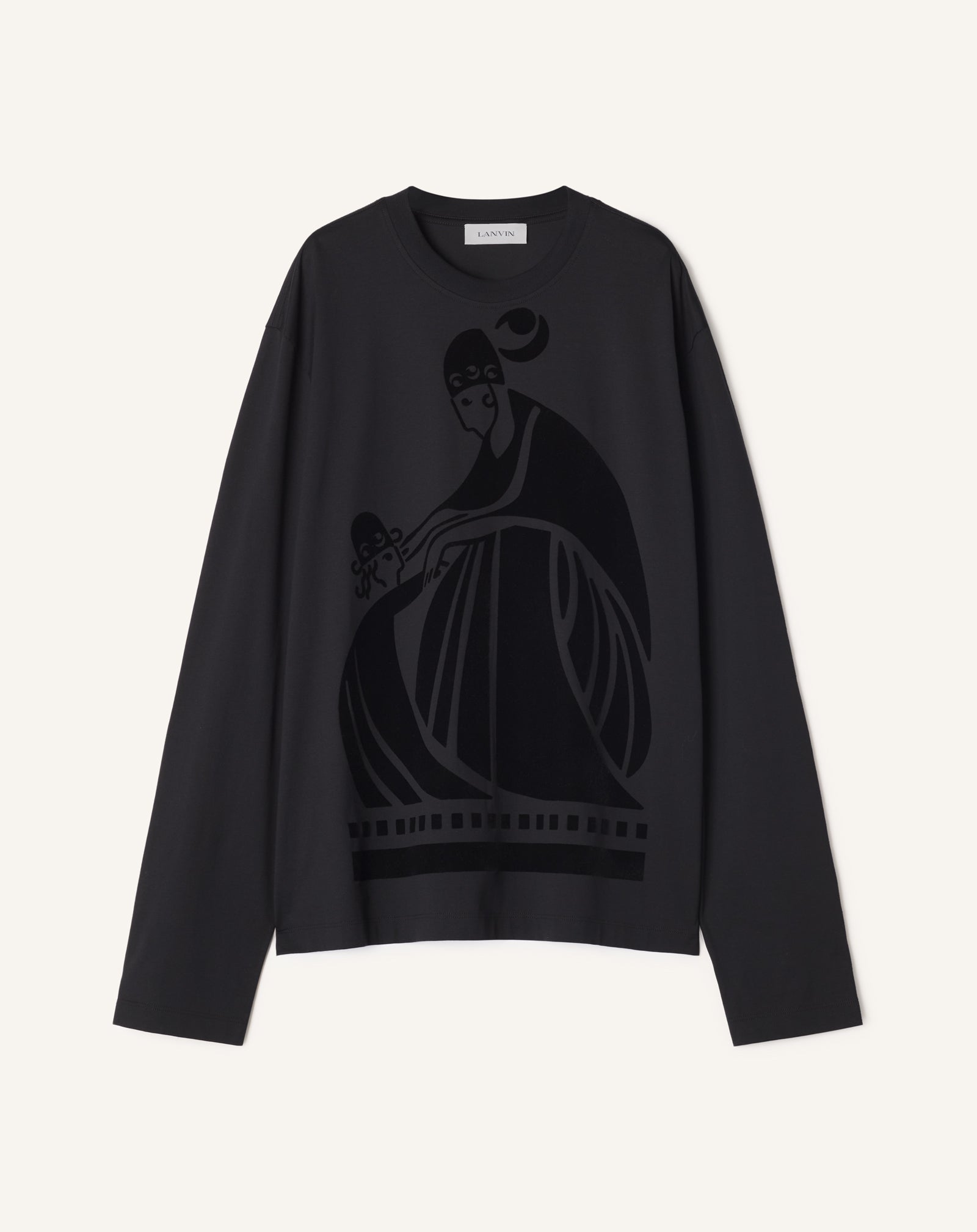 BLACK LONG SLEEVED COTTON T-SHIRT WITH  FLOCKED MOTHER AND CHILD MOTIF
