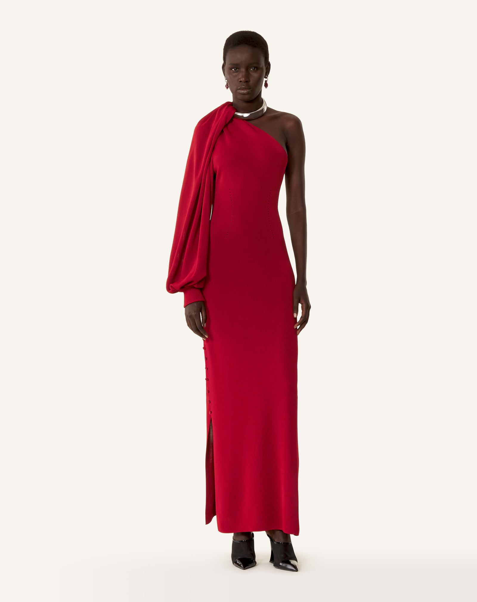 RED ASYMMETRICAL CHOKER DRESS IN VISCOSE