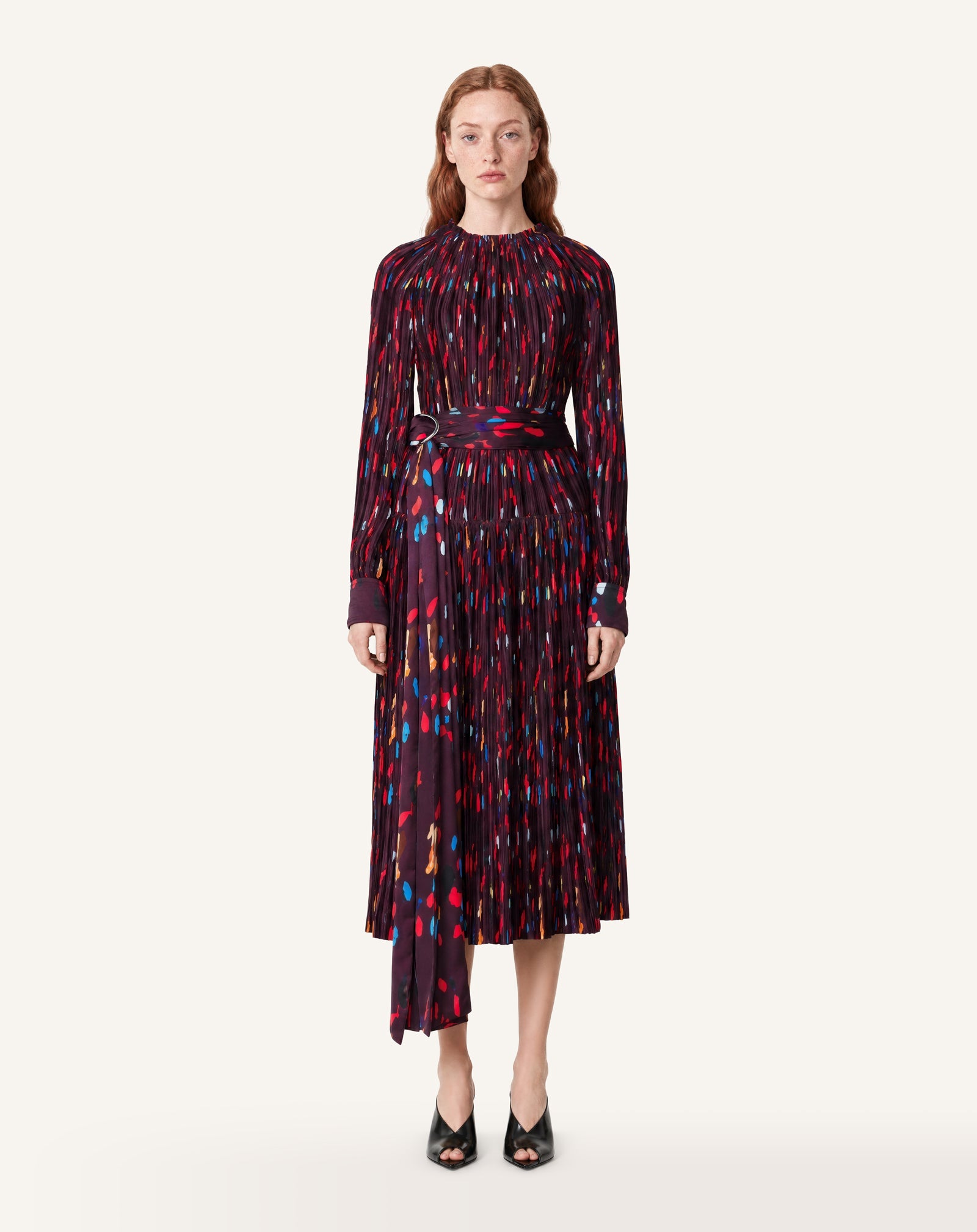 RED PRINTED PLEATED CHARMEUSE DRESS