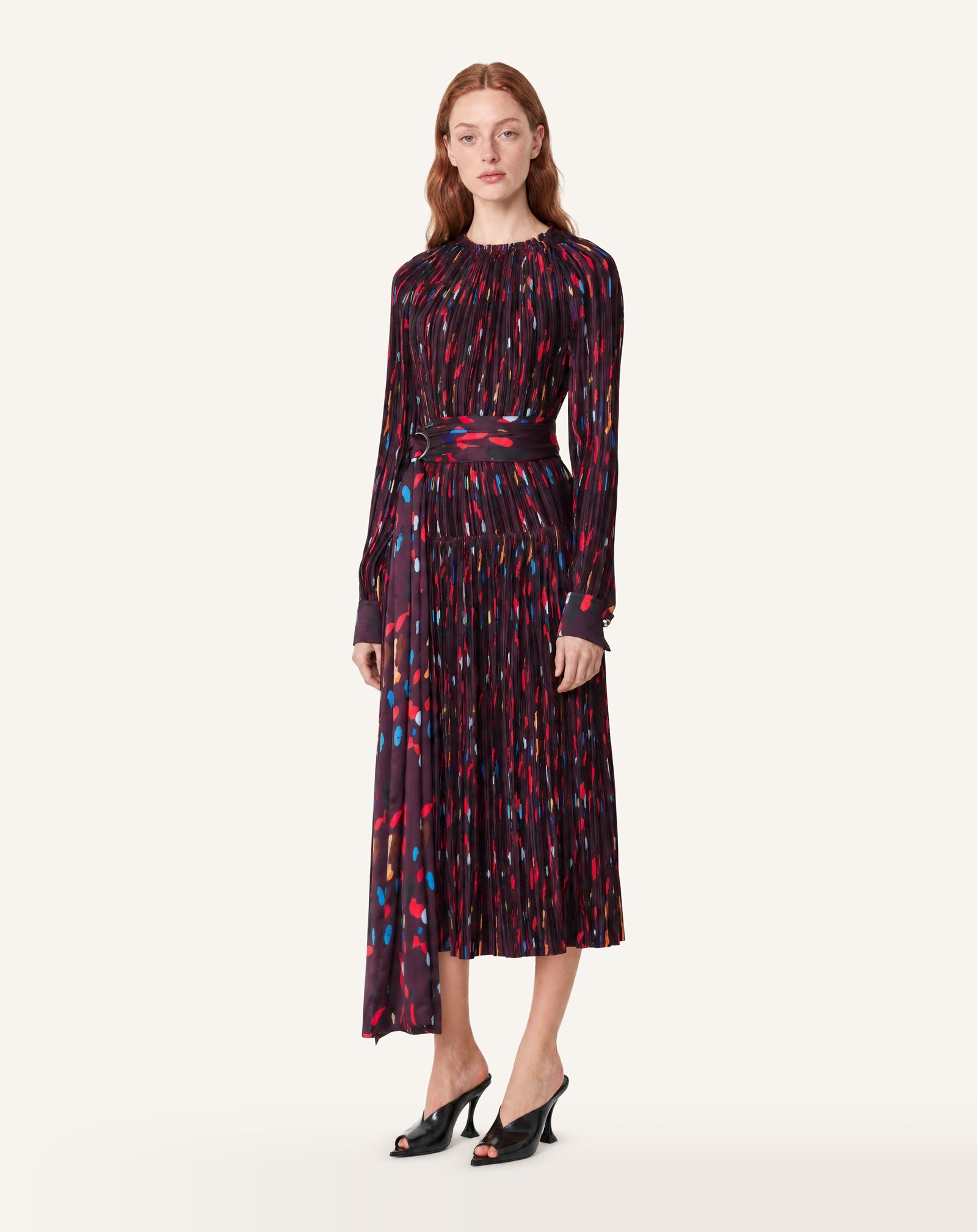 RED PRINTED PLEATED CHARMEUSE DRESS