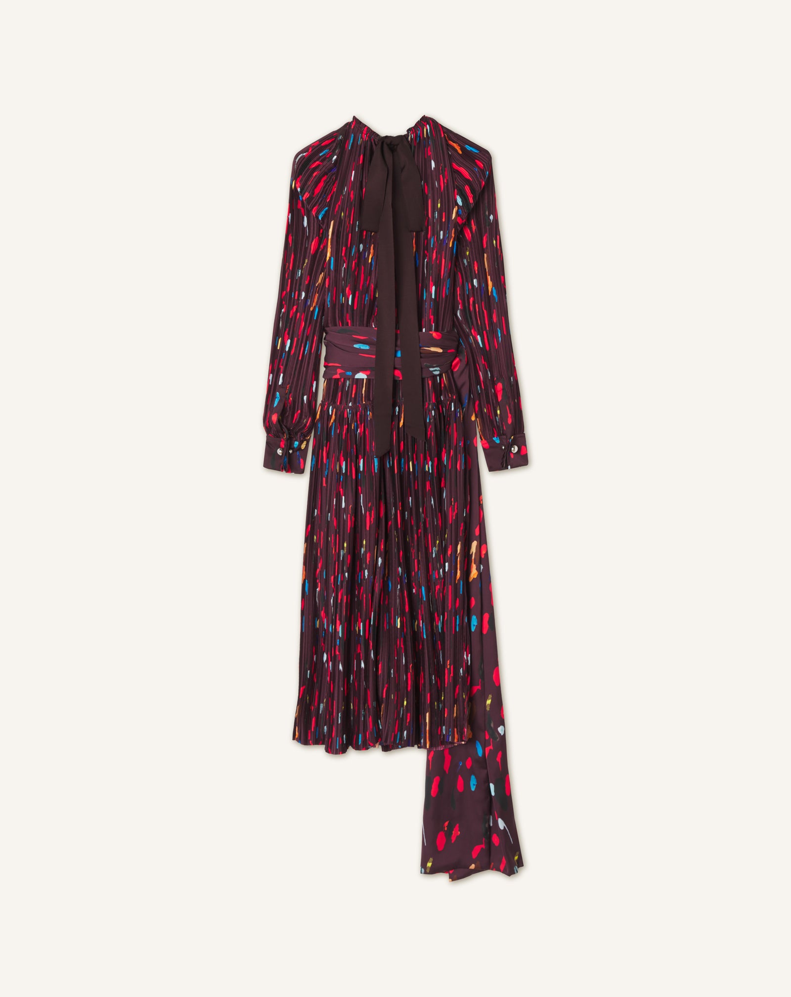 RED PRINTED PLEATED CHARMEUSE DRESS