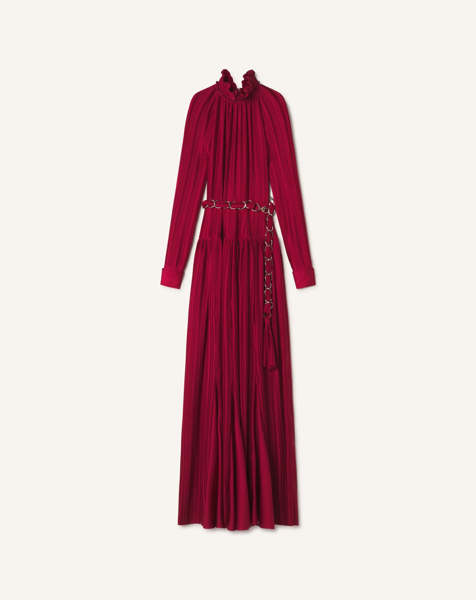 RED LONG PLEATED CHARMEUSE DRESS