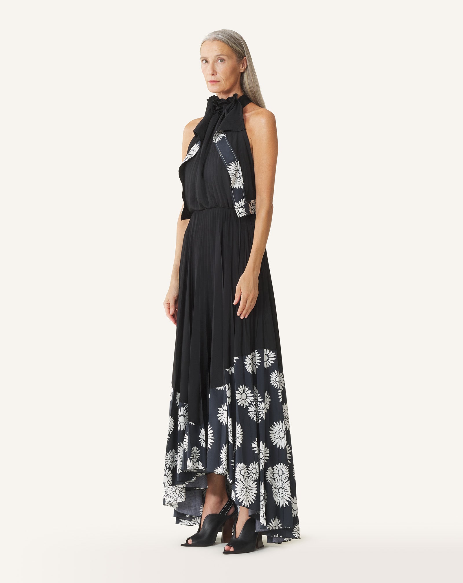 PLEATED DRESS IN CHARMEUSE AND PRINTED COTTON