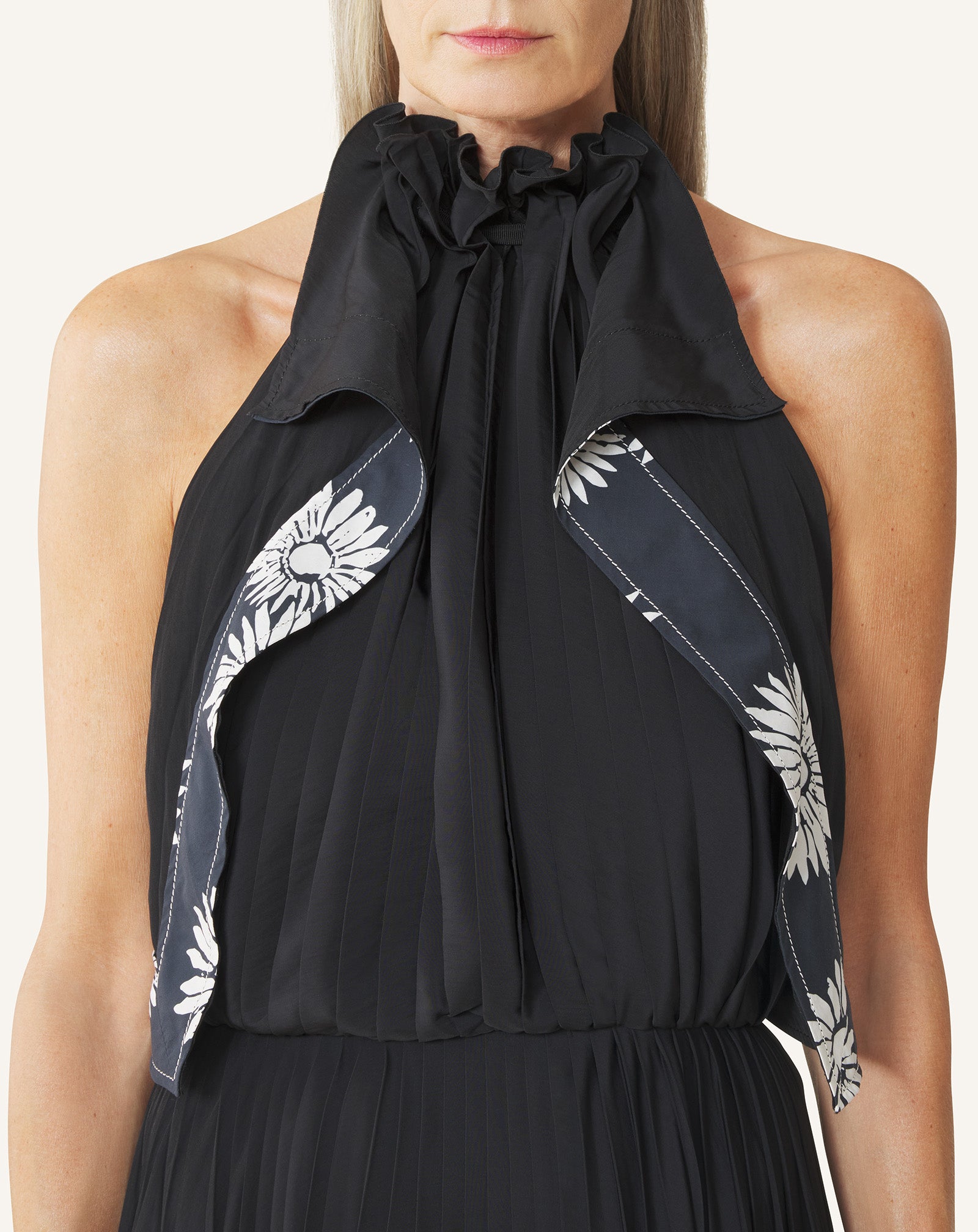 PLEATED DRESS IN CHARMEUSE AND PRINTED COTTON