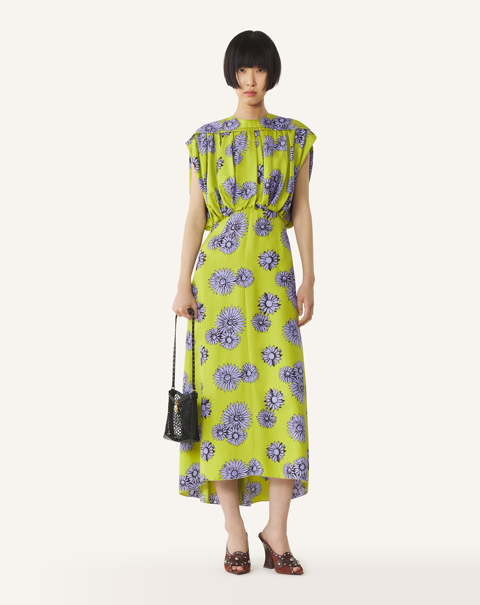 GREEN PRINTED SILK MIDI DRESS