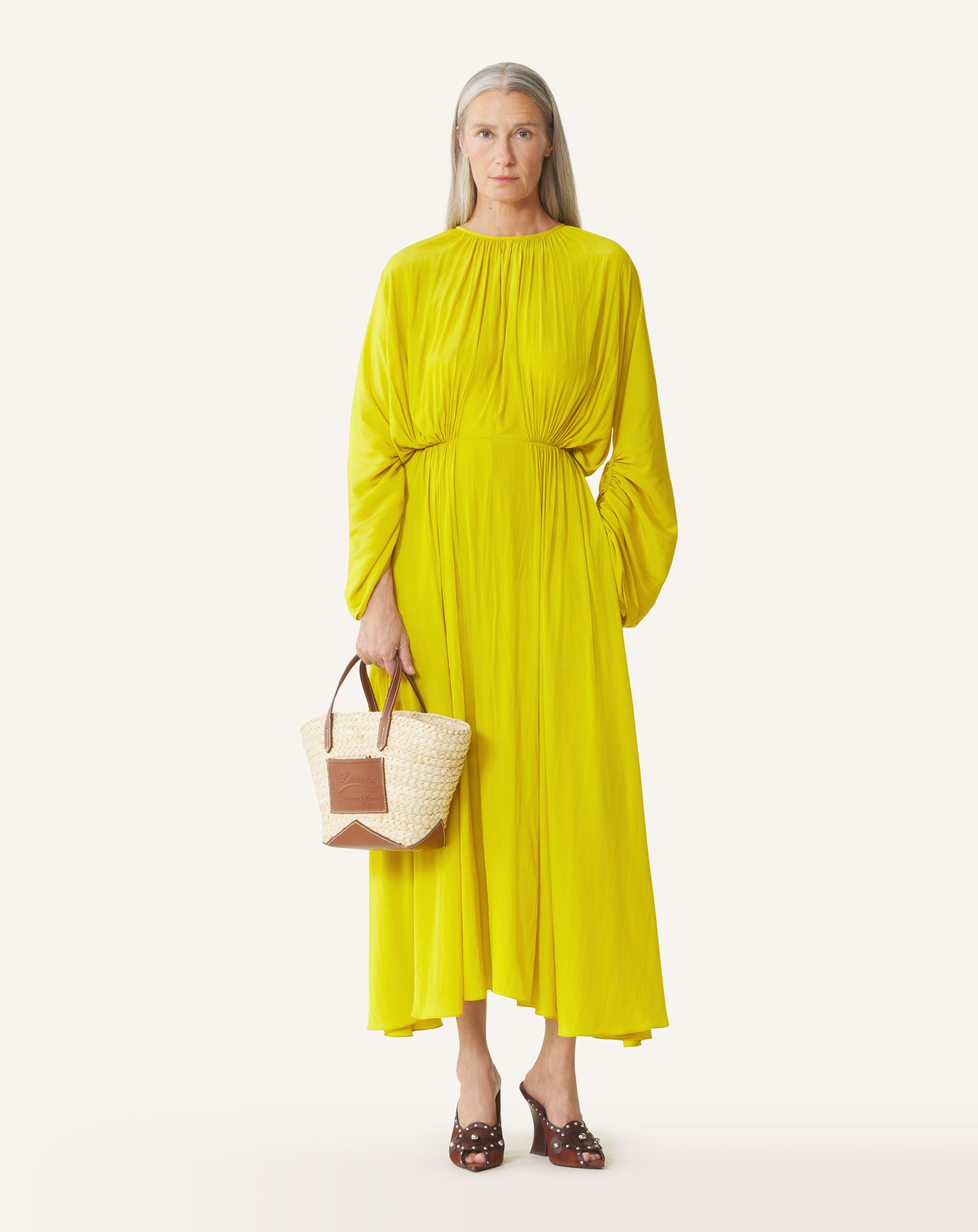 YELLOW FITTED CHARMEUSE DRESS