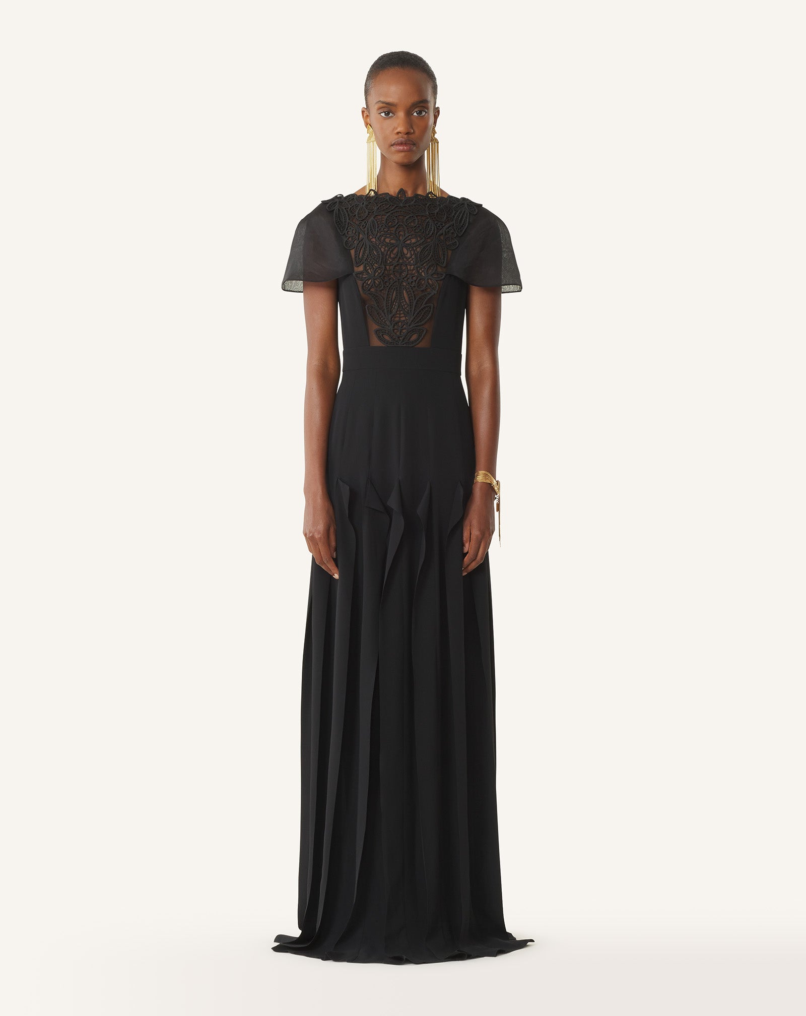 EMBROIDERED BIB DRESS IN SILK GEORGETTE