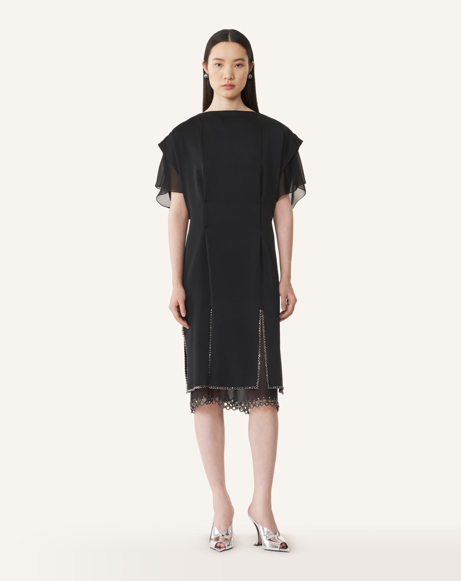 BLACK EMBROIDERED MIDI DRESS IN SATIN