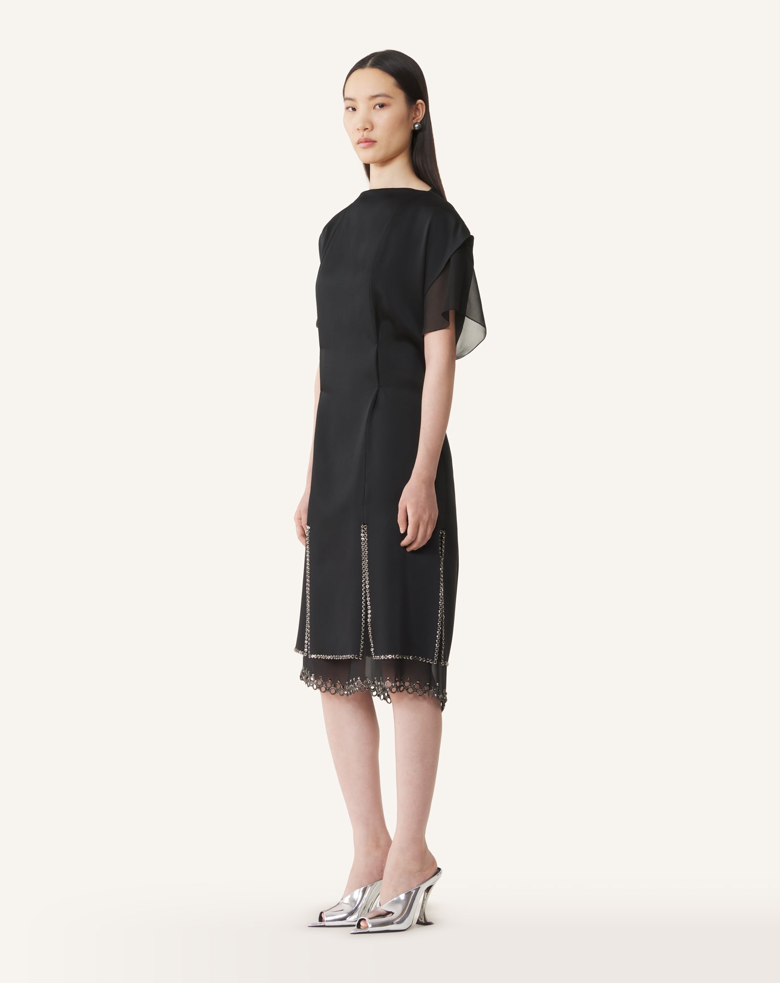 BLACK EMBROIDERED MIDI DRESS IN SATIN