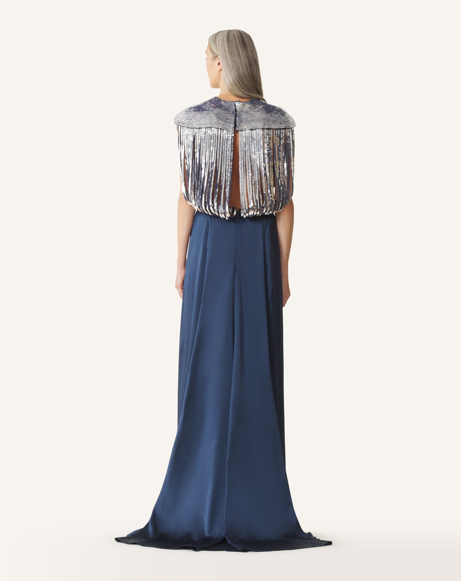BLUE EMBROIDERED BACK DRESS IN SILK SATIN