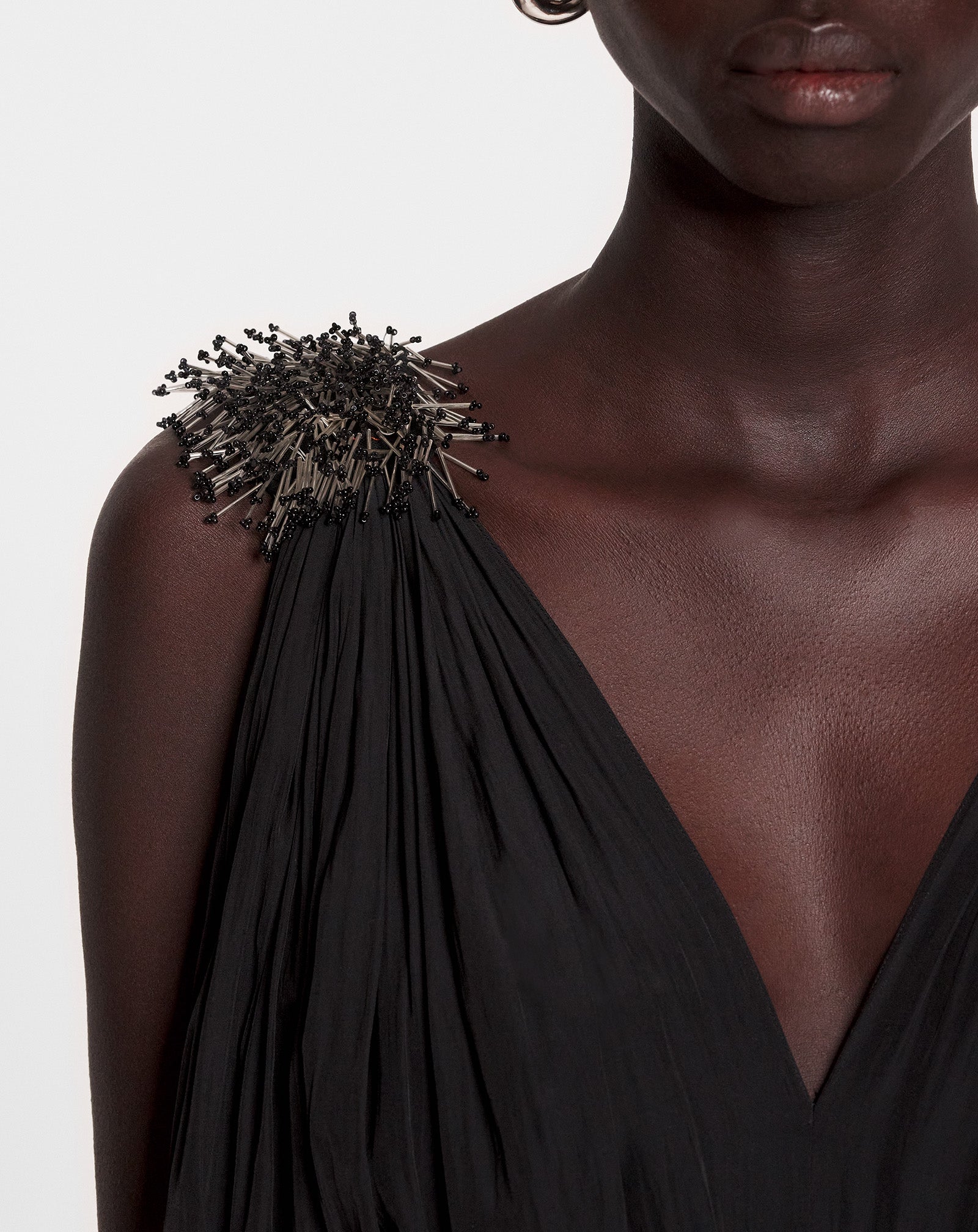 BLACK LONG EMBROIDERED CHARMEUSE EVENING GOWN