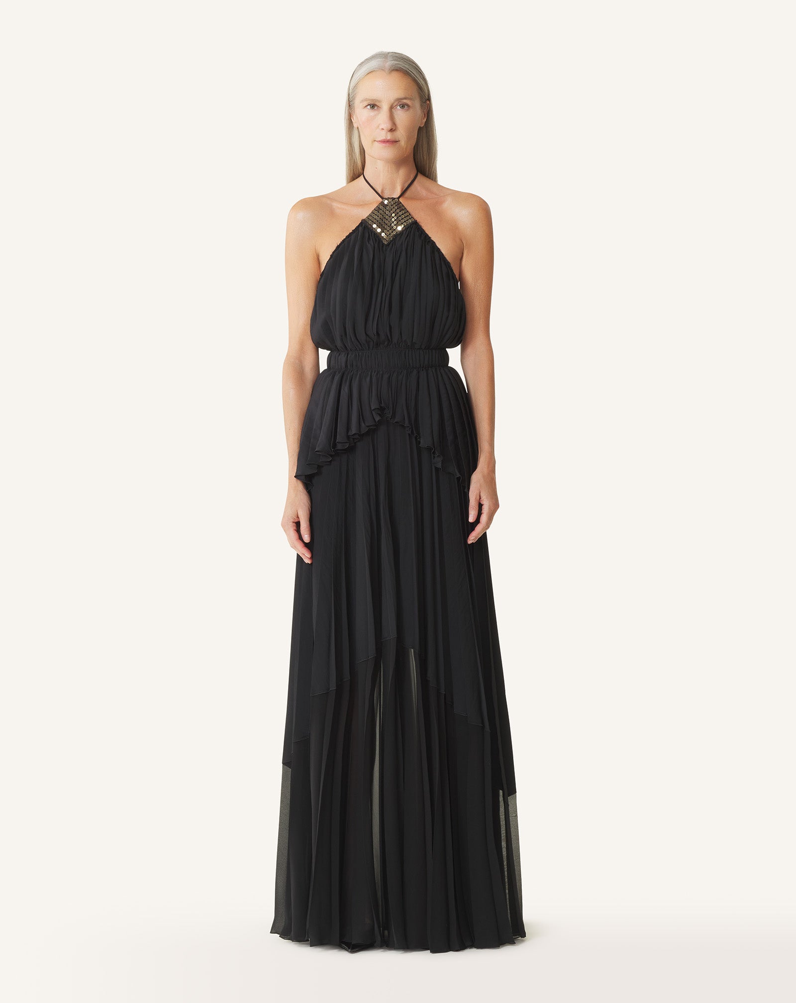 EMBROIDERED DRESS IN SILK AND CHARMEUSE