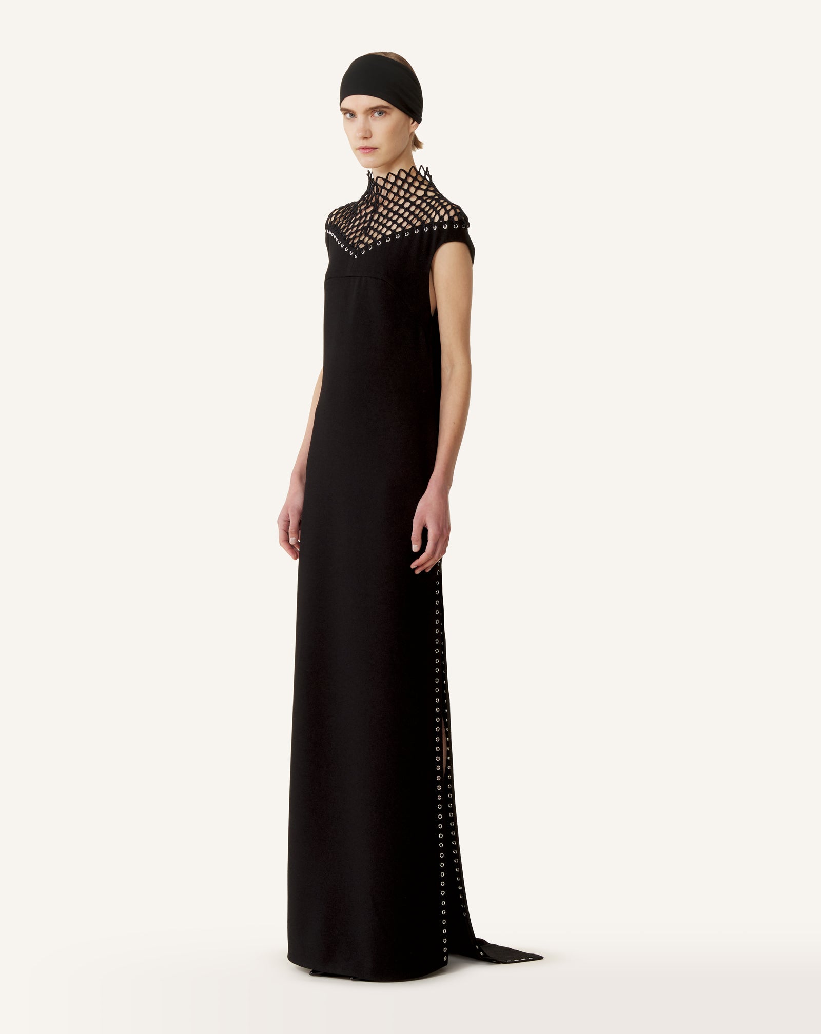 BLACK LONG VISCOSE DRESS WITH MESH DETAIL