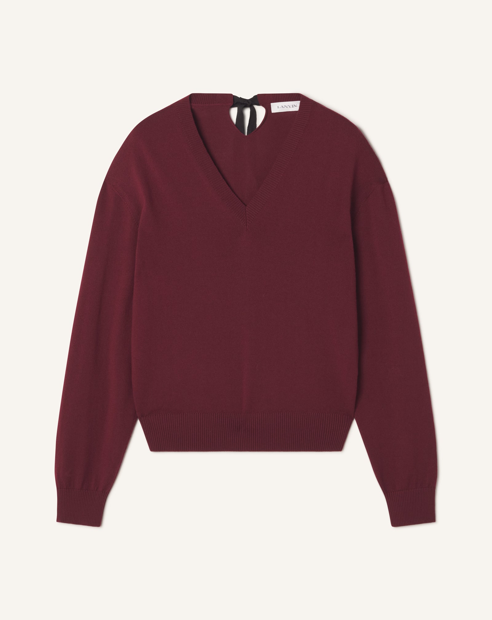 RED V-NECK MERINO SWEATER WITH GROSGRAIN DETAIL