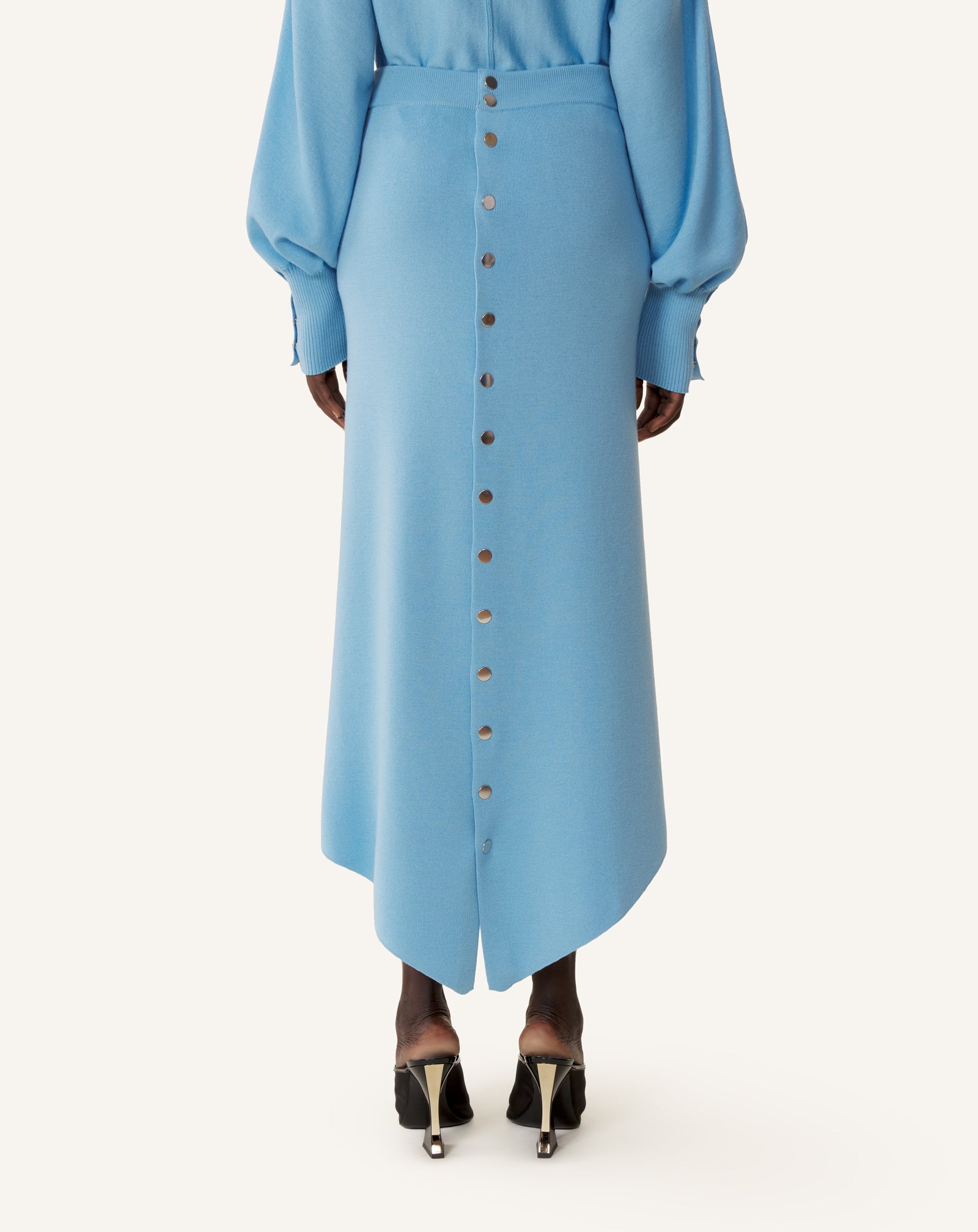 BLUE BUTTONED LONG SKIRT IN MERINO WOOL