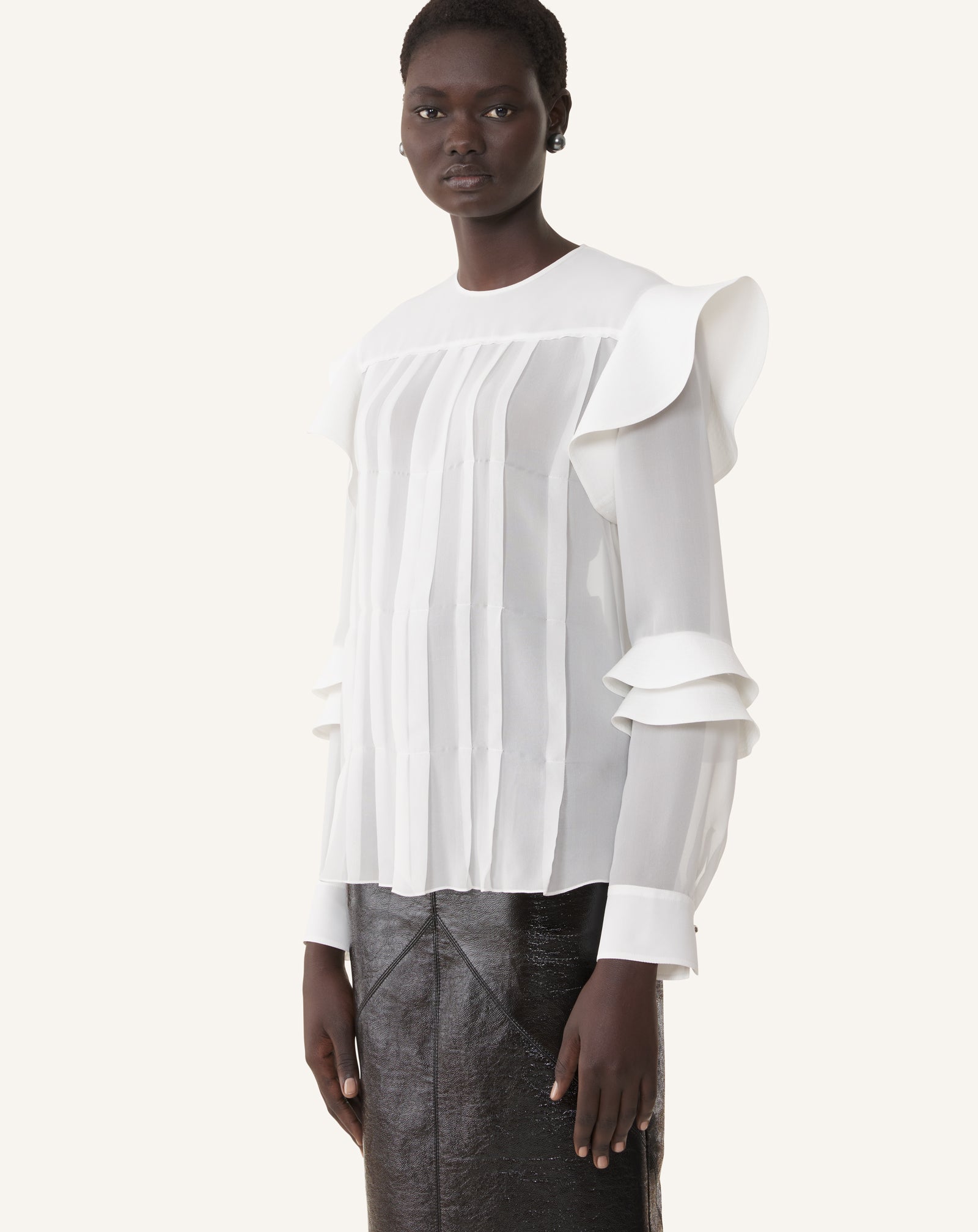 WHITE FLOUNCED BLOUSE IN SILK GEORGETTE