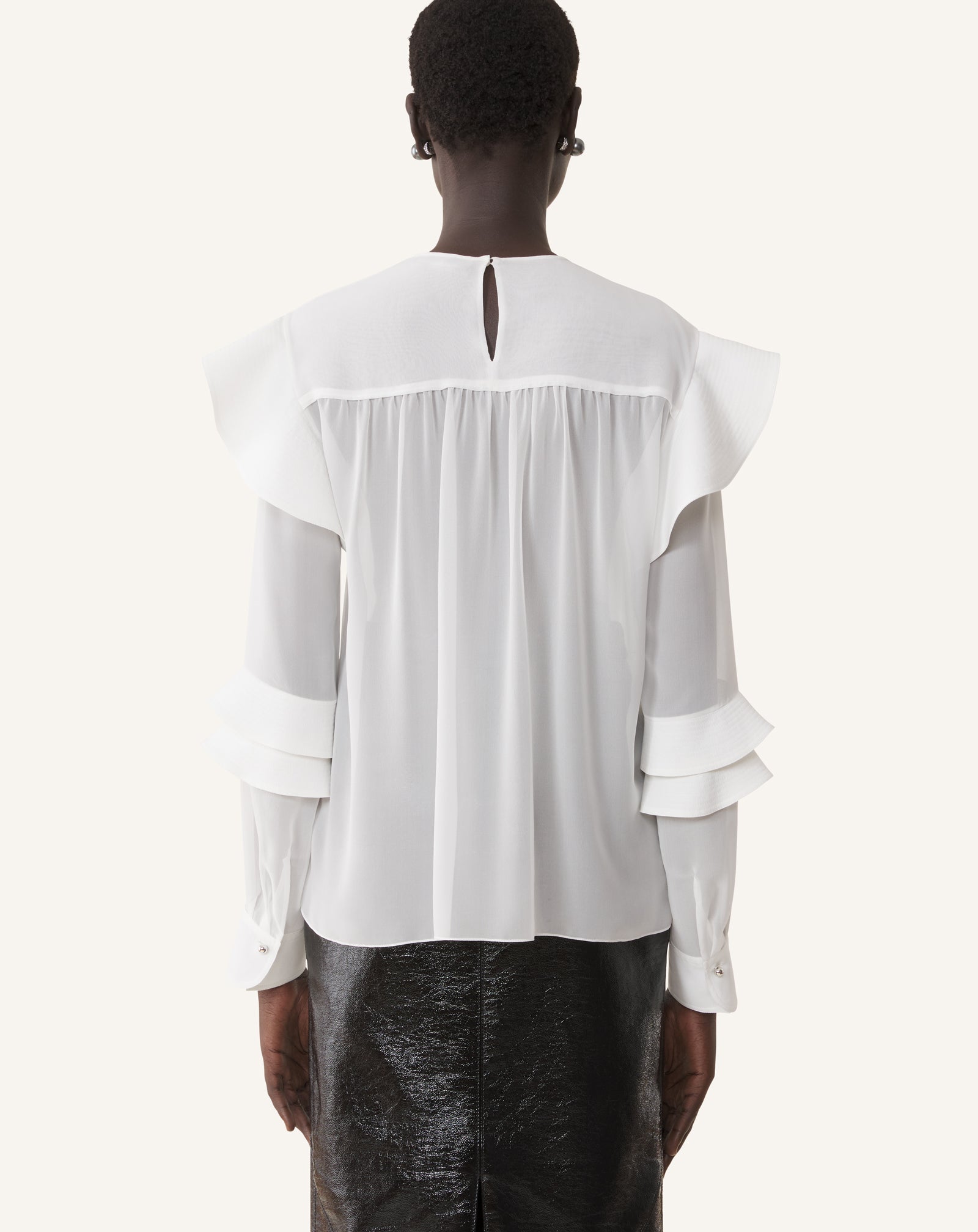 WHITE FLOUNCED BLOUSE IN SILK GEORGETTE