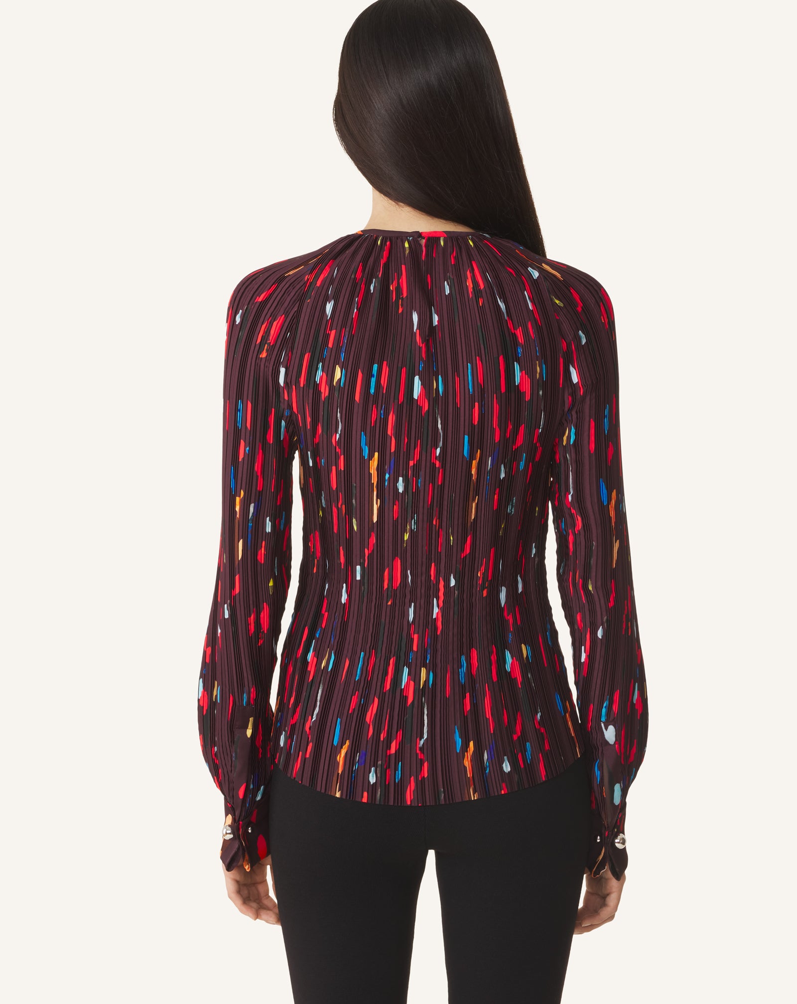 RED PRINTED PLEATED CHARMEUSE TOP