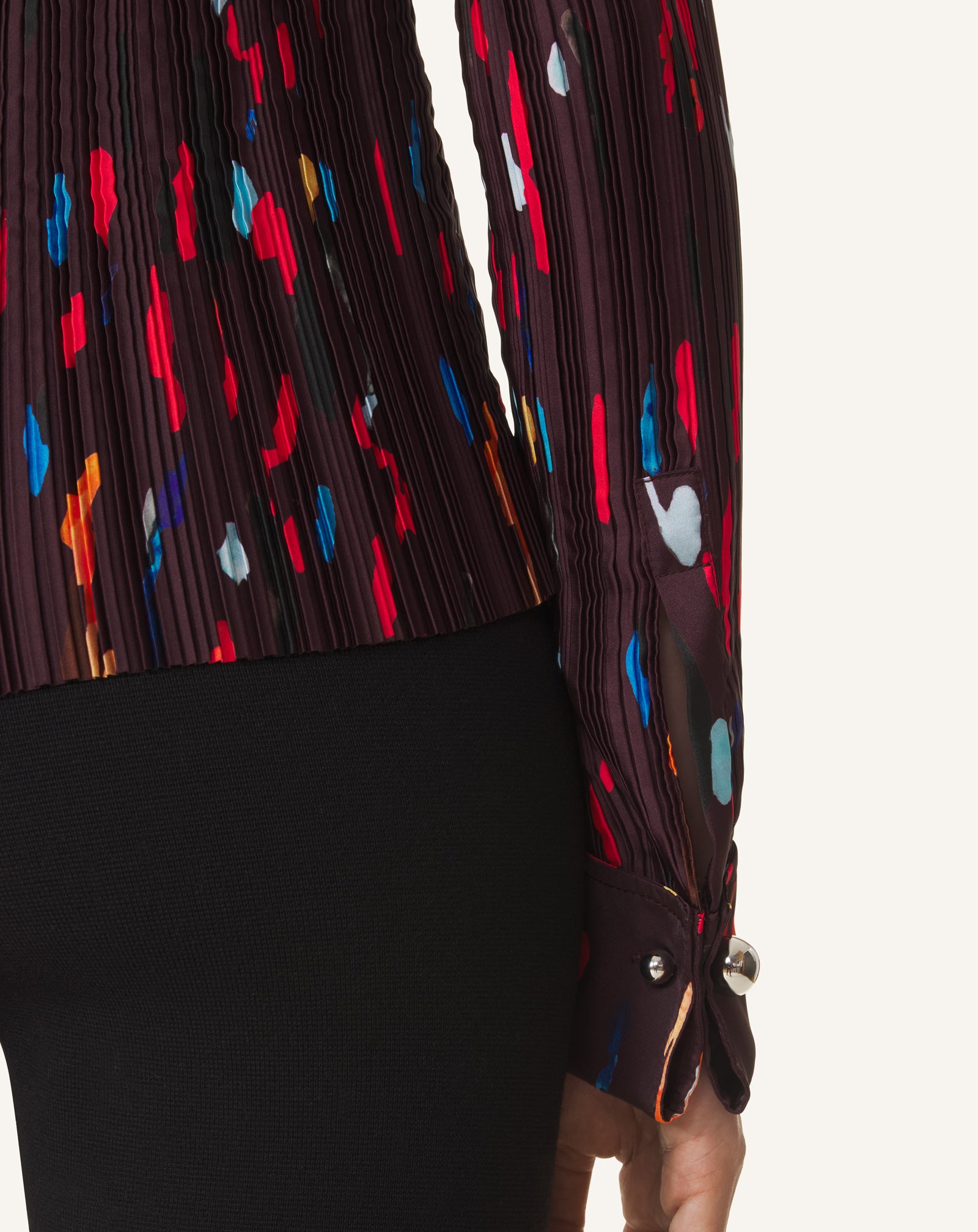 RED PRINTED PLEATED CHARMEUSE TOP