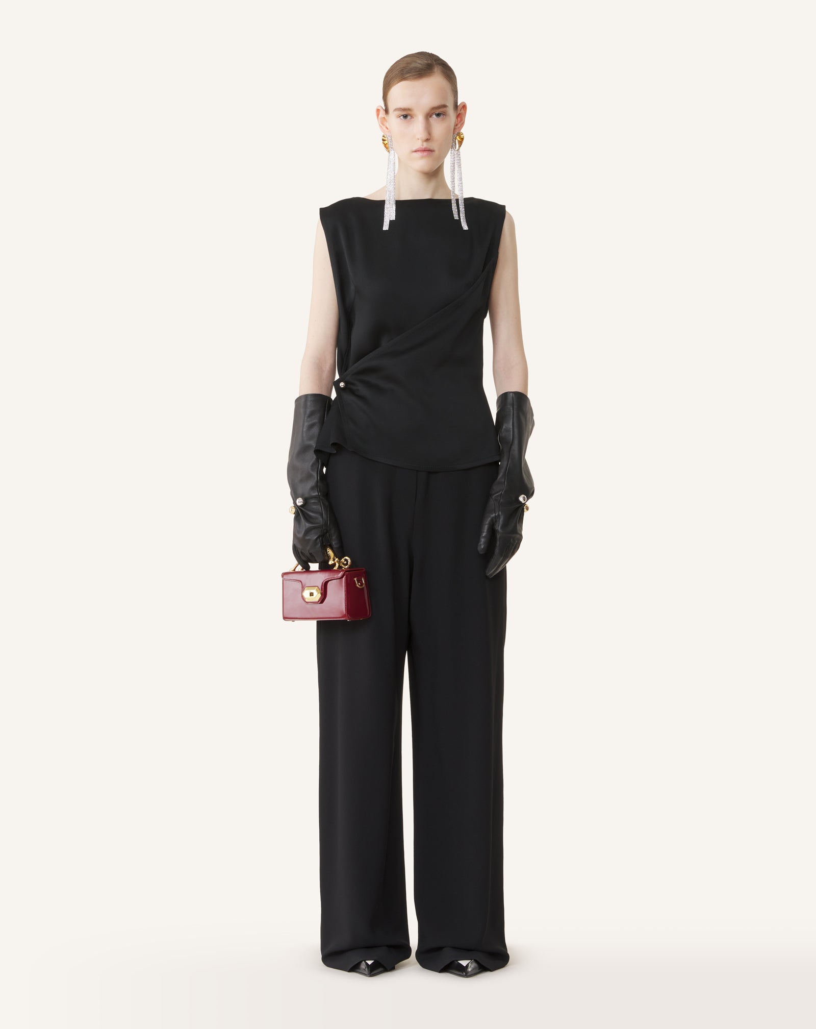 BLACK SLEEVELESS BUTTON-DOWN TOP IN SATIN