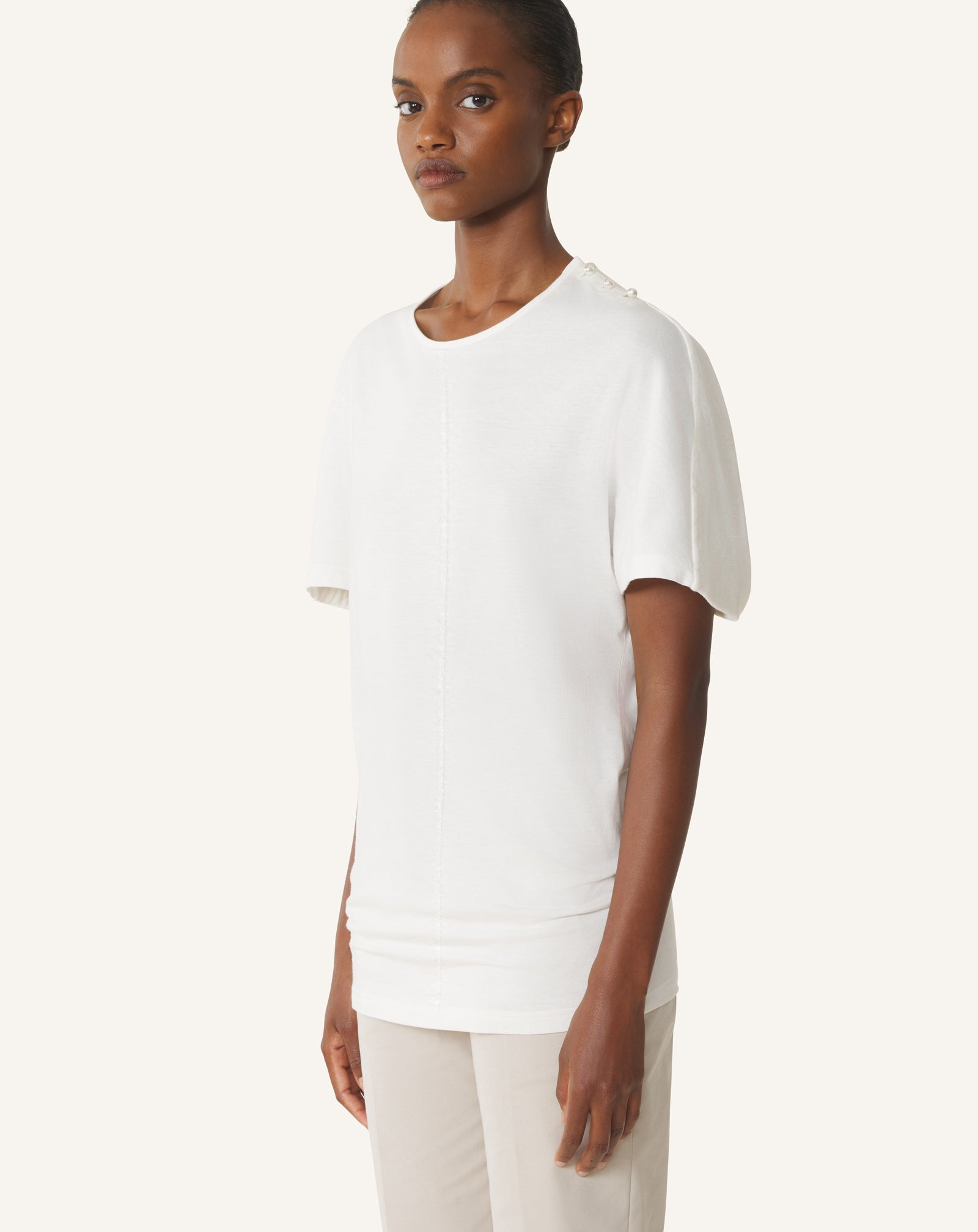 WHITE CAPE-EFFECT T-SHIRT IN COTTON AND SILK