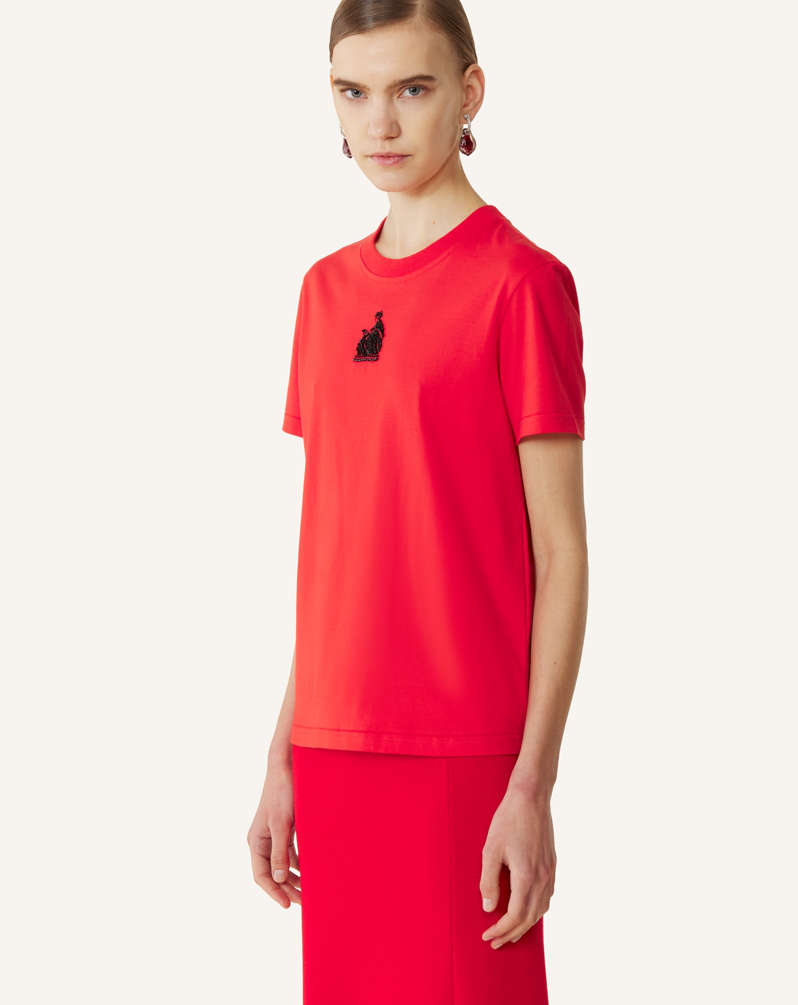 RED MOTHER AND CHILD EMBROIDERED COTTON JERSEY T-SHIRT