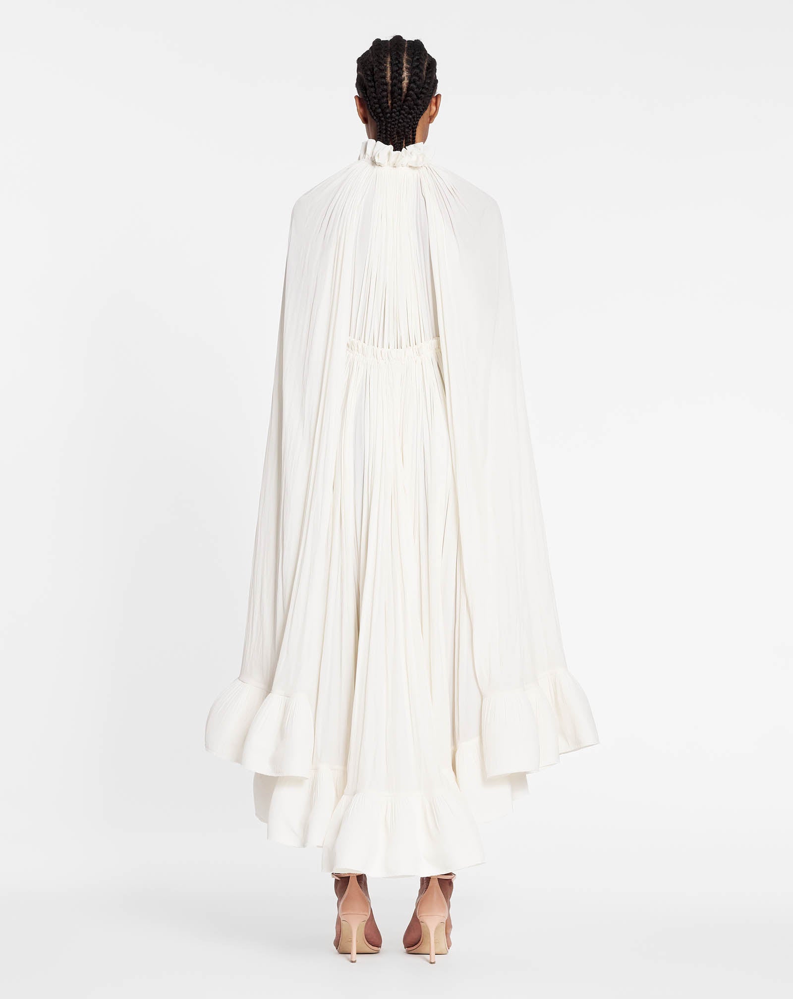 WHITE LONG CHARMEUSE RUFFLE DRESS