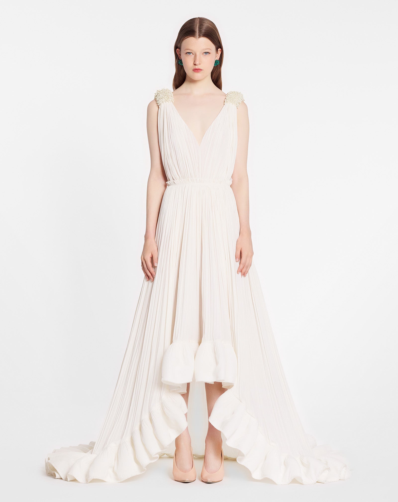 WHITE FLOOR LENGTH EVENING GOWN IN CHARMEUSE